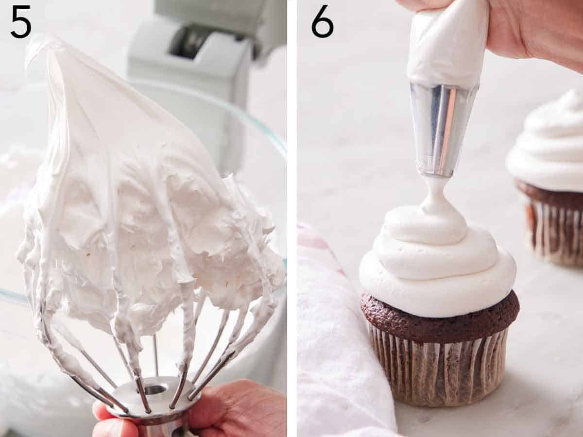 Set of two photos showing whipped frosting on a whisk and then frosting piped on a cupcake.