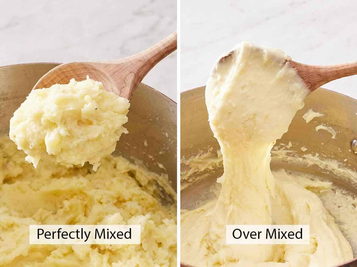 Set of two photos showing the texture of perfectly mixed and over mixed mashed potatoes.