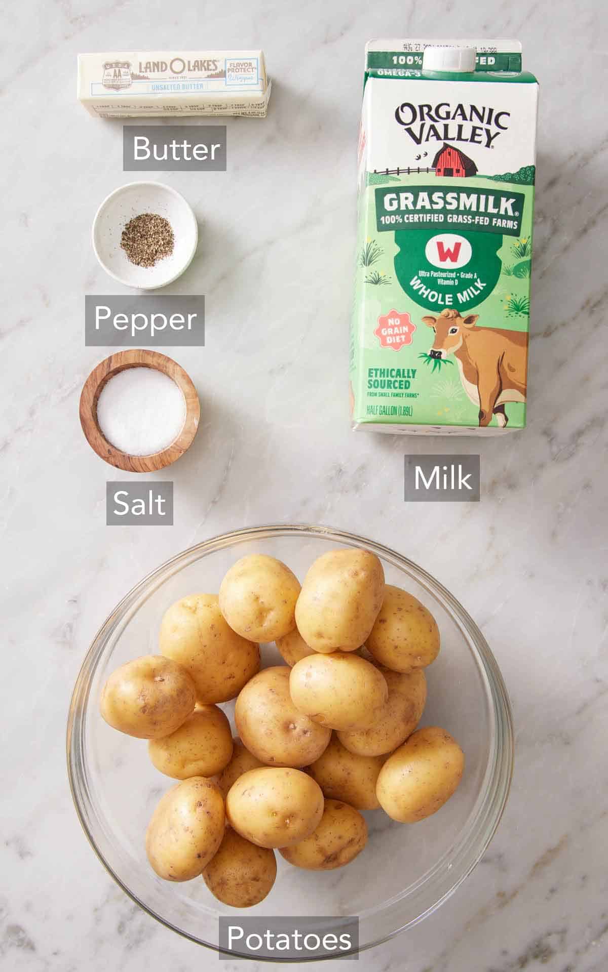 Ingredients needed to make mashed potatoes.