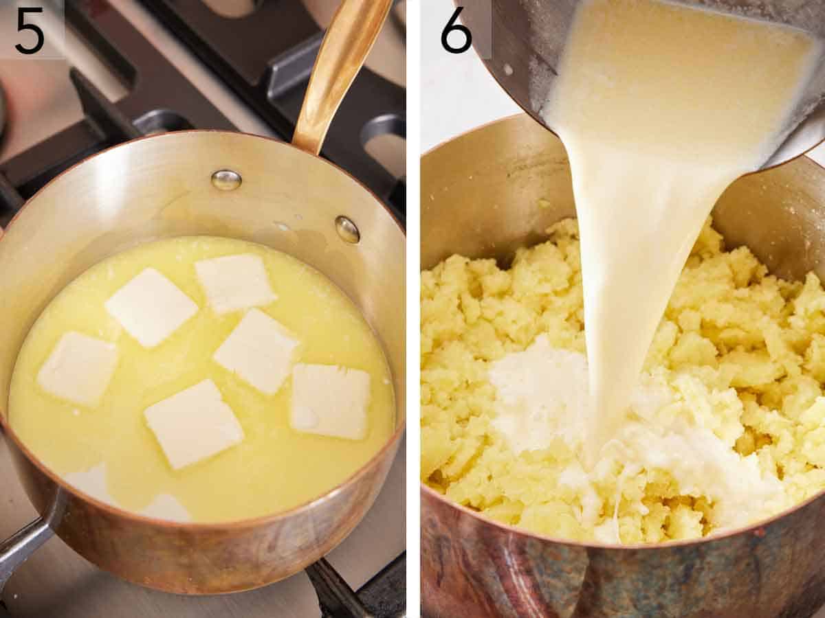 Set of two photos showing butter melted in a pot of milk and poured into the potatoes.