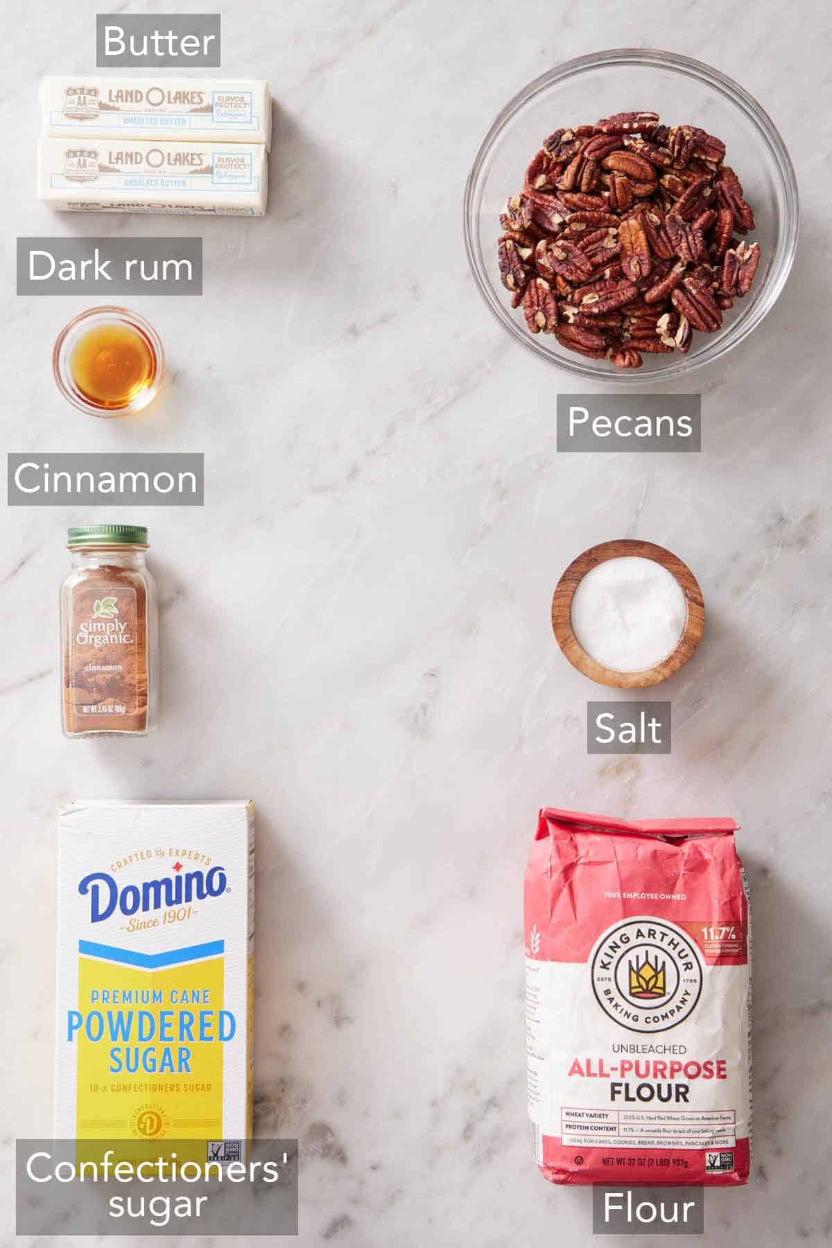 Ingredients needed to make pecan shortbread cookies.