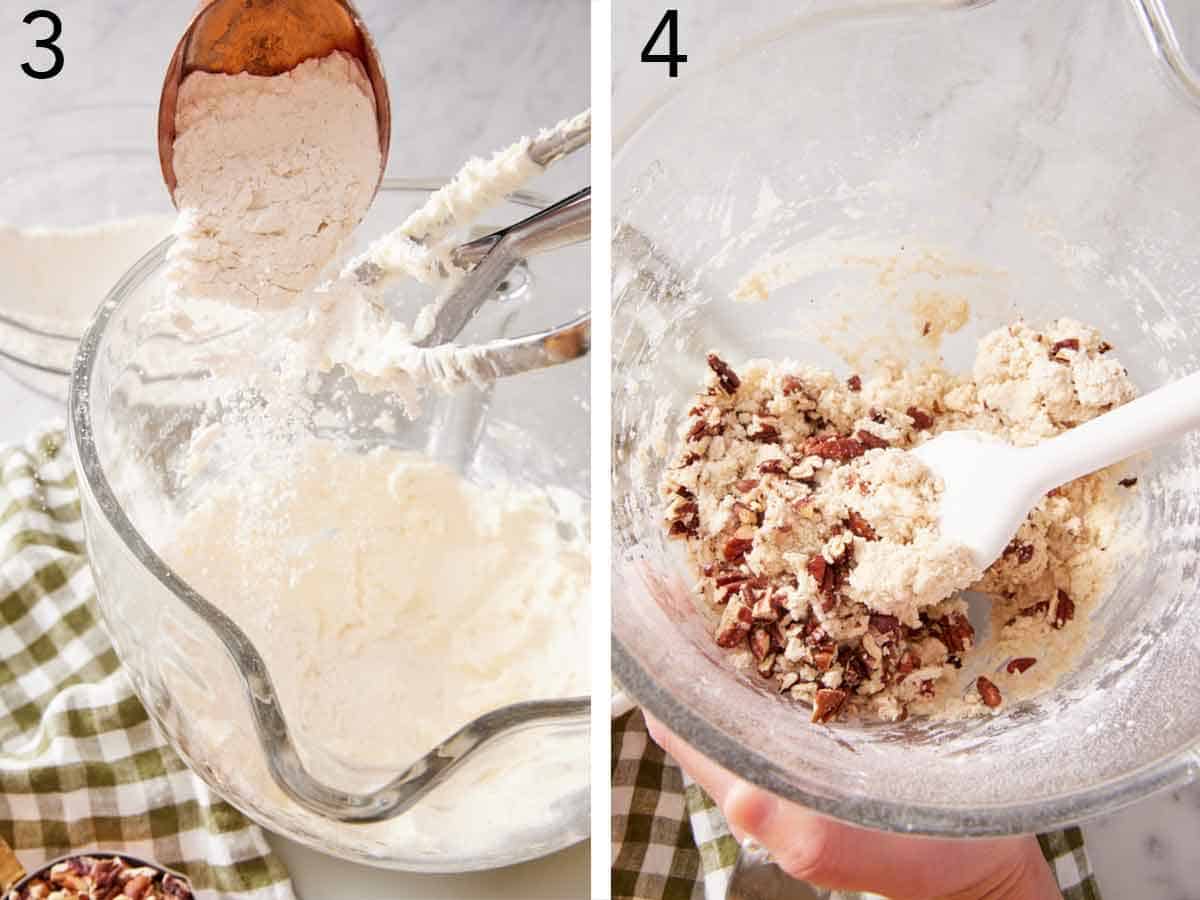 Set of two photos showing flour mixture added to the mixer and chopped pecans folded in.