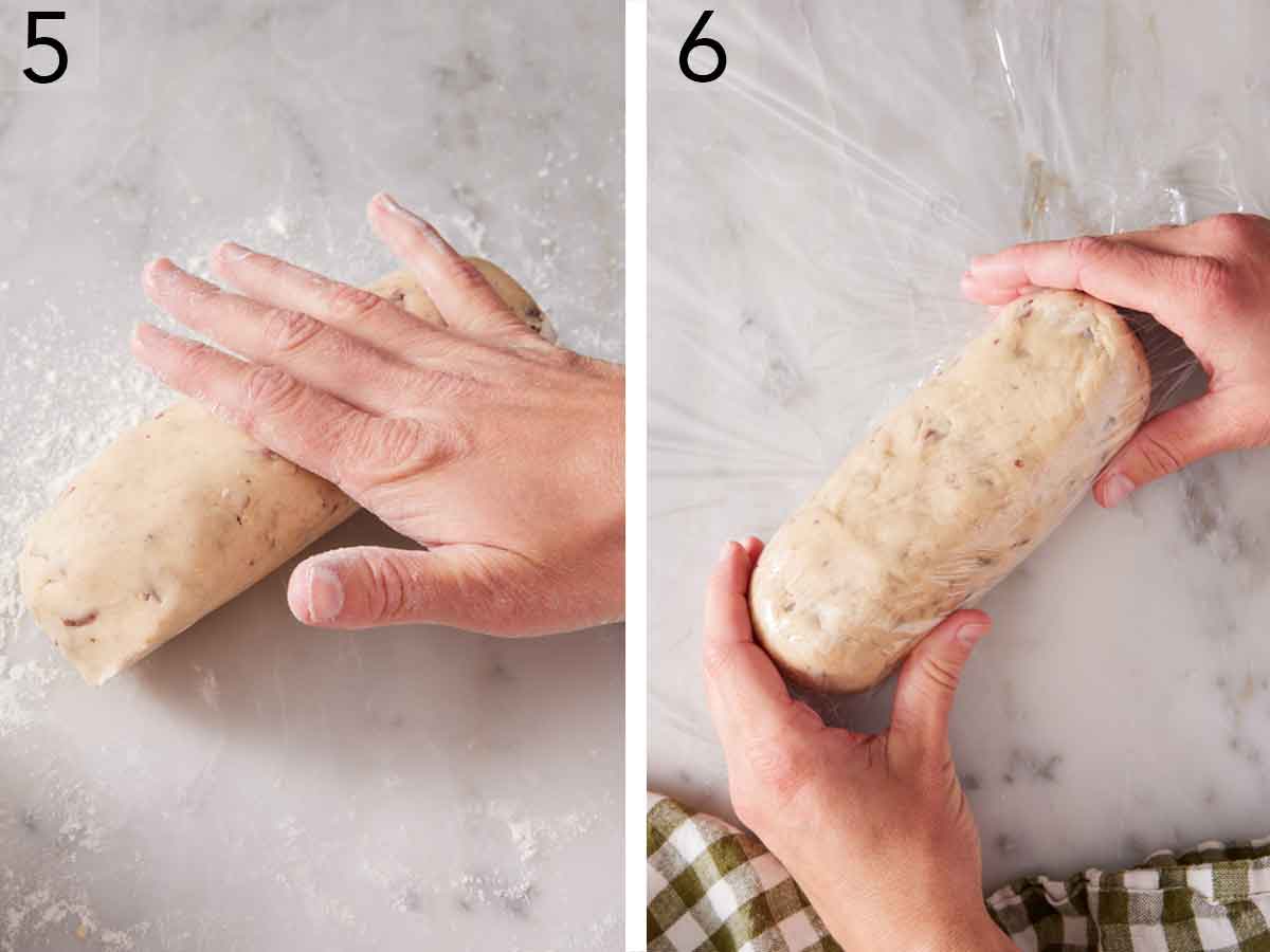 Set of two photos showing dough rolled into a log then wrapped in plastic wrap.