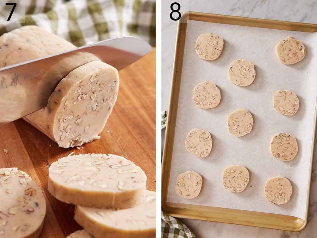 Set of two photos showing dough sliced and placed on a lined sheet pan.