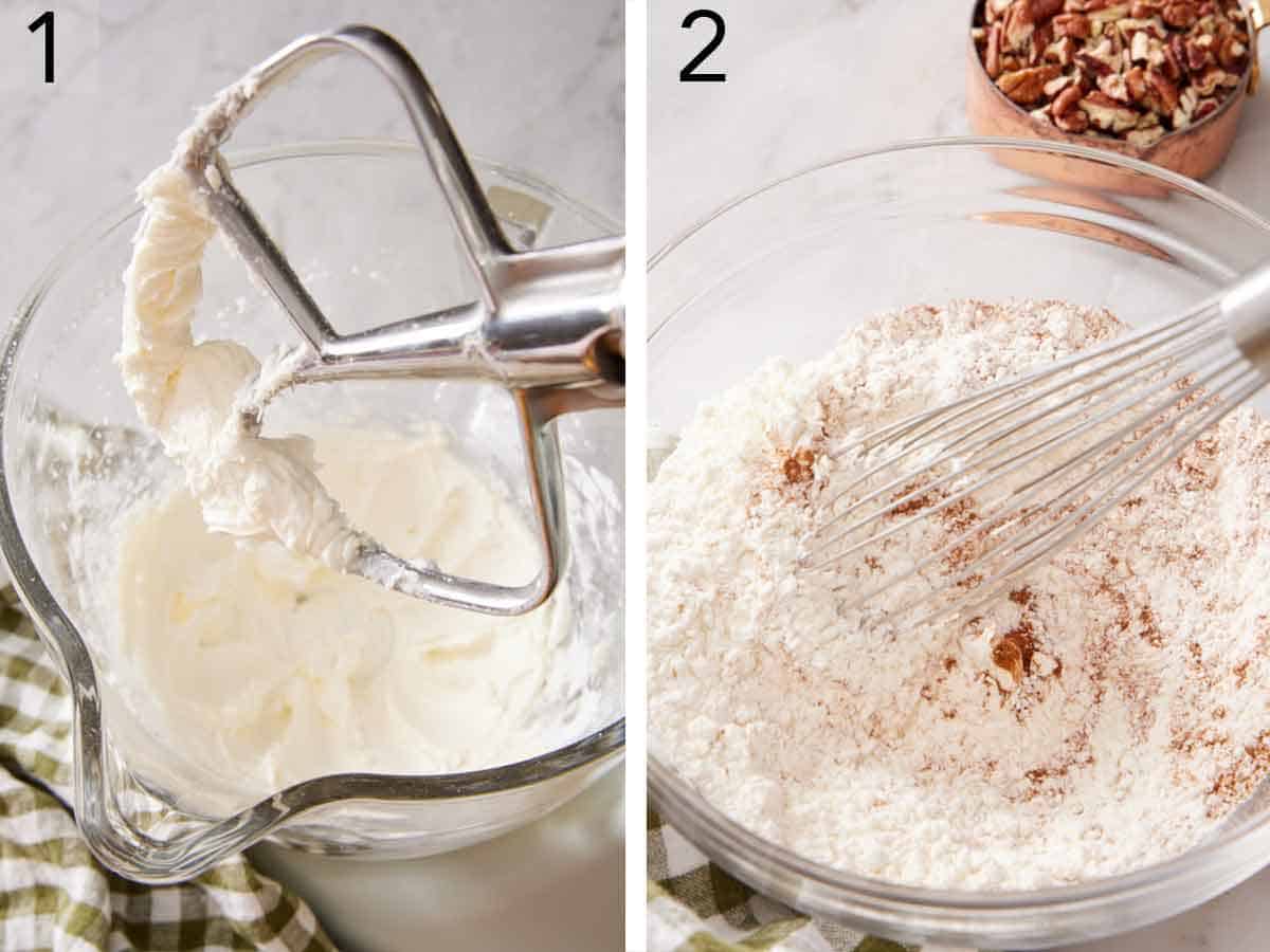 Set of two photos showing butter beaten and flour whisked with cinnamon.