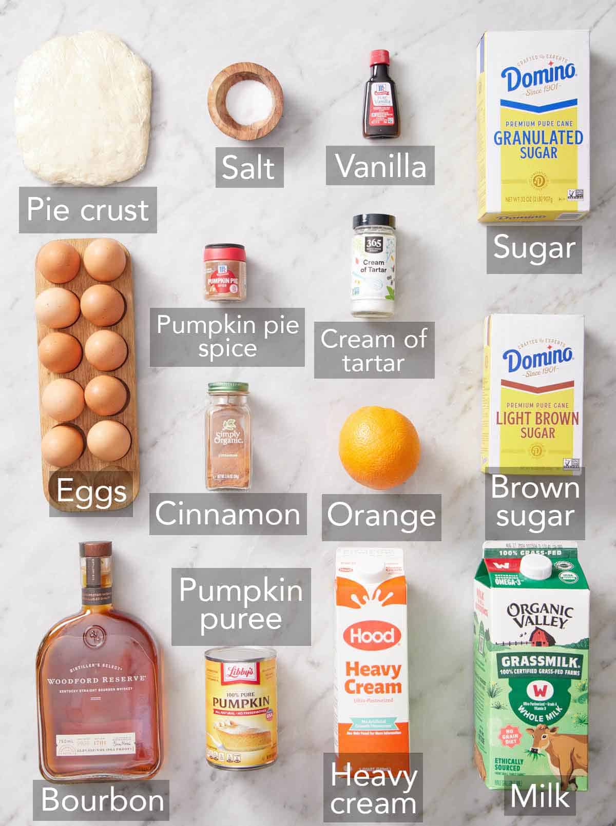 Ingredients needed to make pumpkin meringue pie.