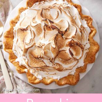 Pinterest graphic of an overhead view of a pumpkin meringue pie.