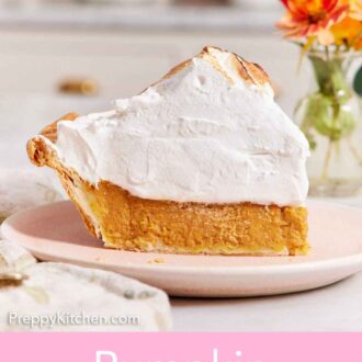 Pinterest graphic of a side view of a slice of pumpkin meringue pie, showing off its height.