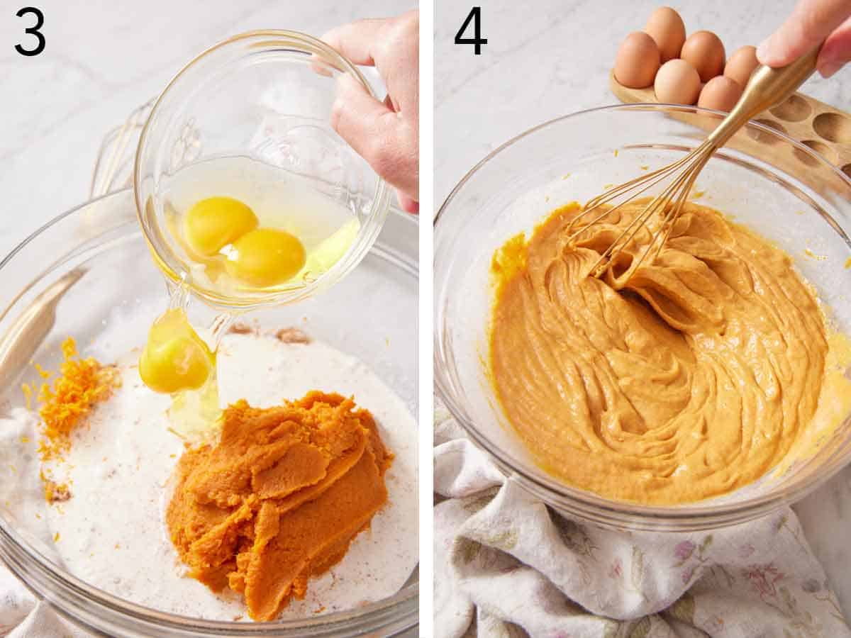 Set of two photos showing wet ingredients added to a bowl and whisked together.