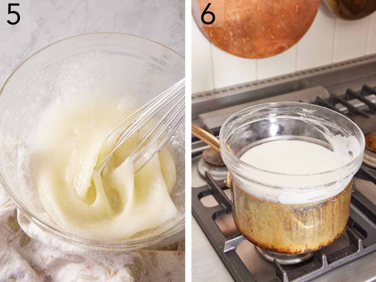 Set of two photos showing egg whites whisked and placed over a pot of simmering water.