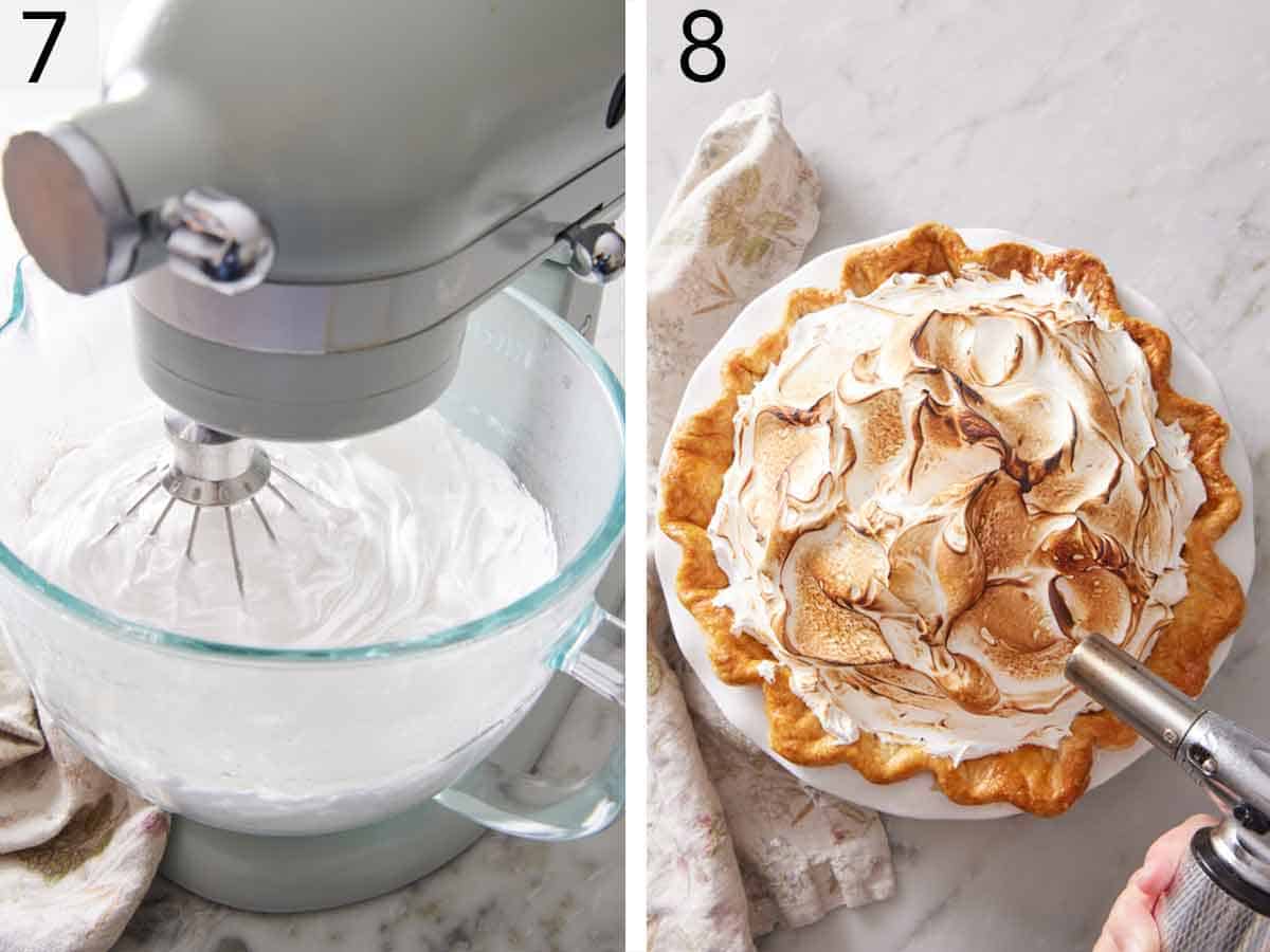 Set of two photos showing meringue mixed in a mixer then torched over the pie.