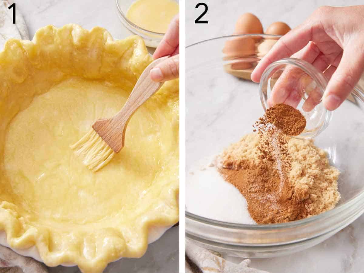 Set of two photos showing pie crust brushed with egg wash and brown sugar, granulated sugar, cinnamon, pumpkin pie spice, and salt added to a bowl.