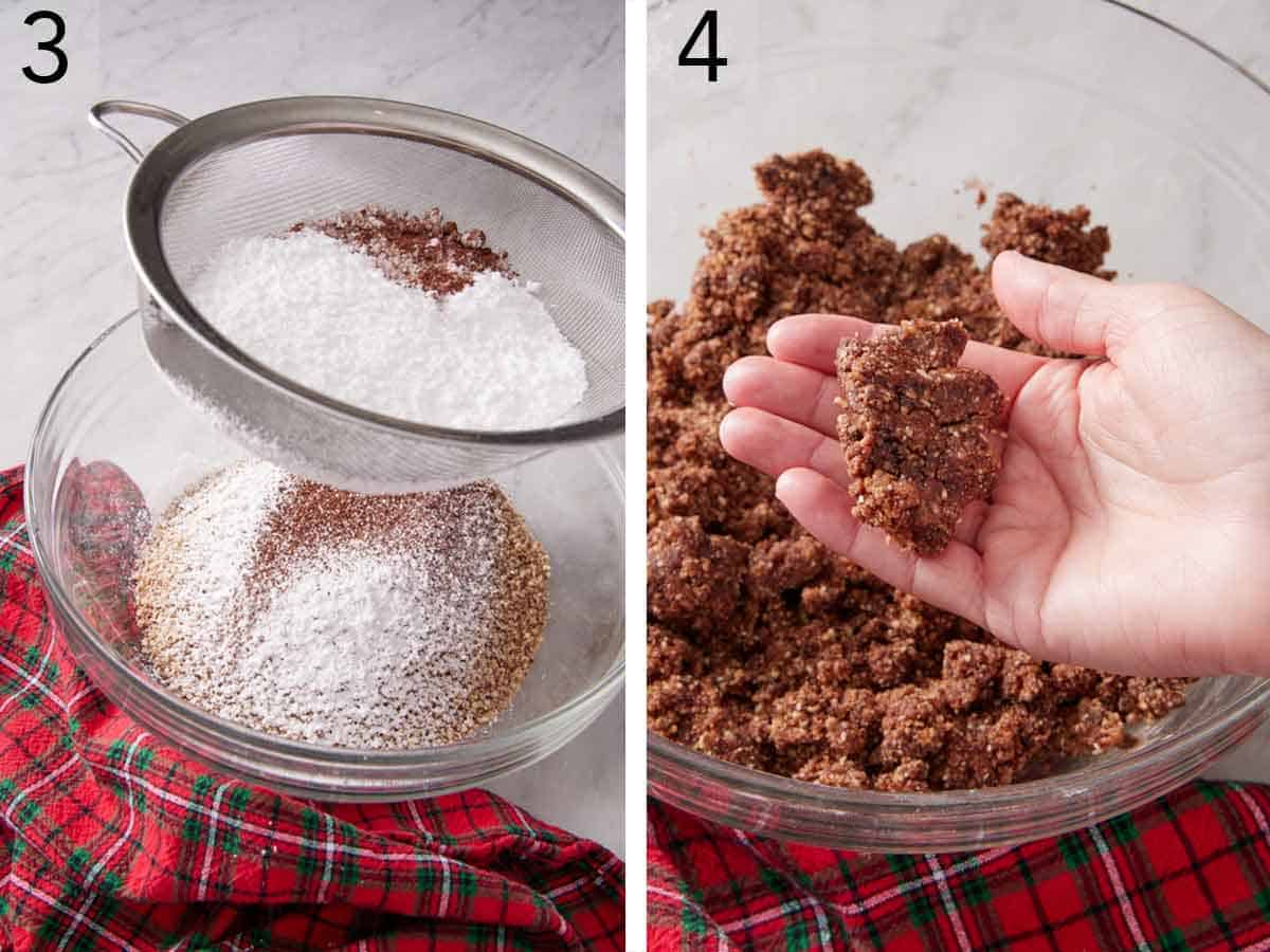 Set of two photos showing dry ingredients sifted together into a bowl and the mixture combined.