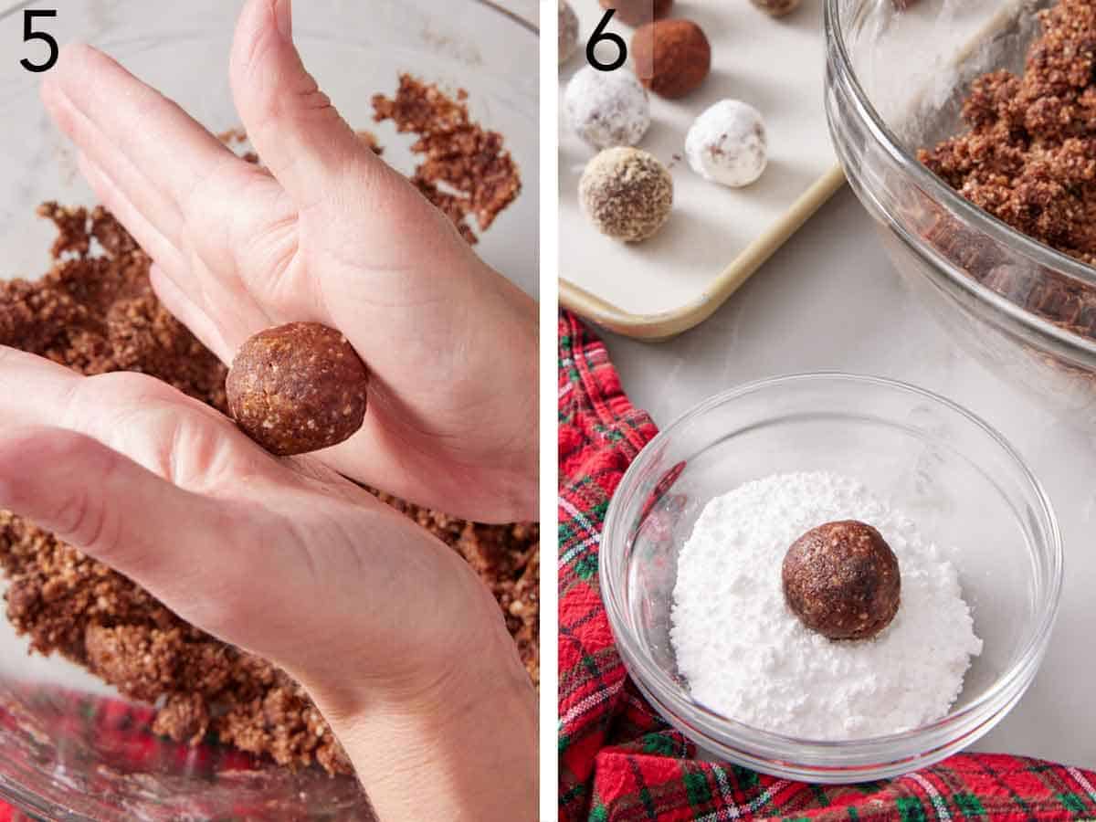 Set of two photos showing rum balls rolled and placed in a bowl of powdered sugar.