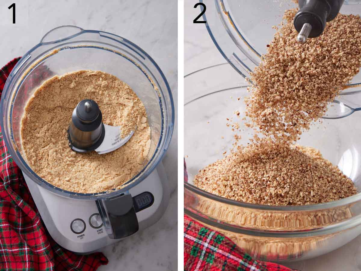 Set of two photos showing crackers processed in a food processor and pecans processed and poured into the cracker crumbs.