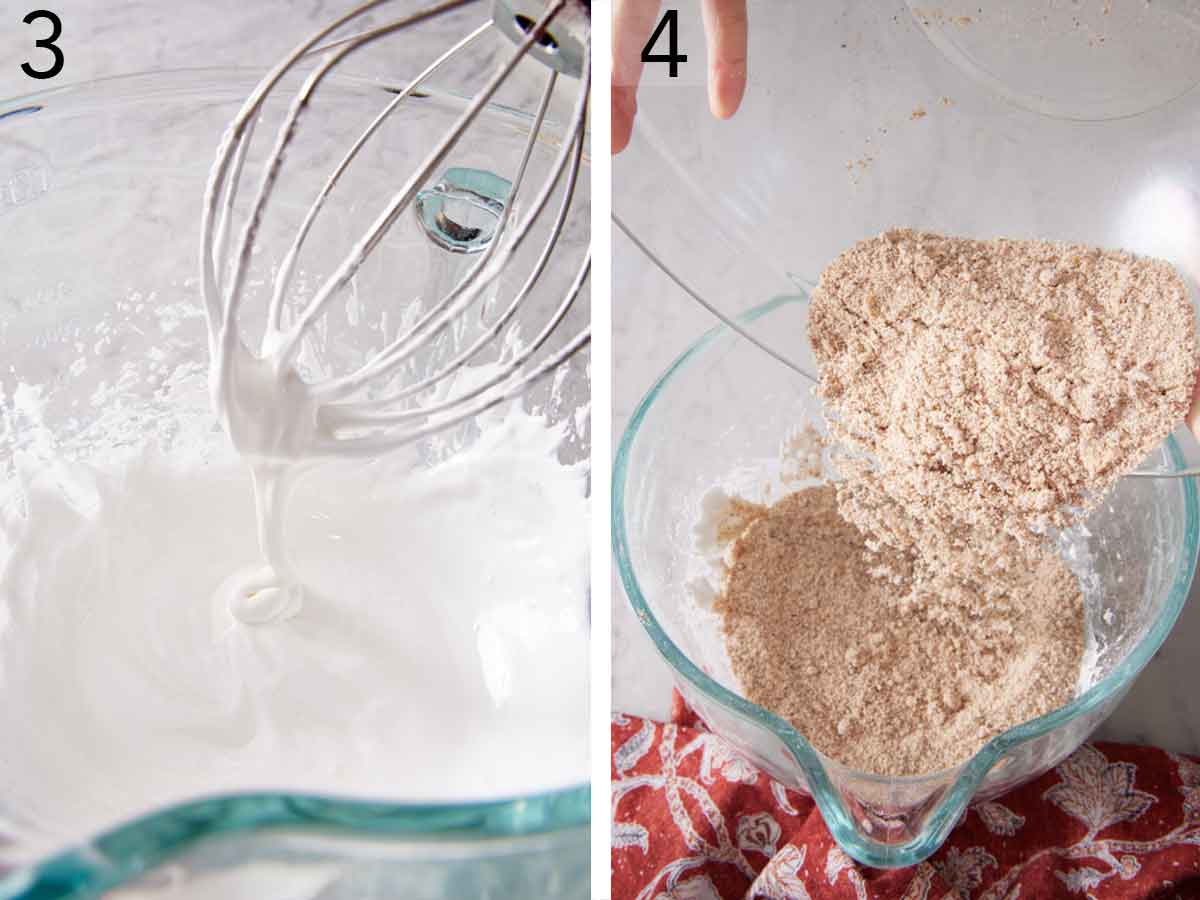 Set of two photos showing the meringue whipped and ground almond added to the mixer.