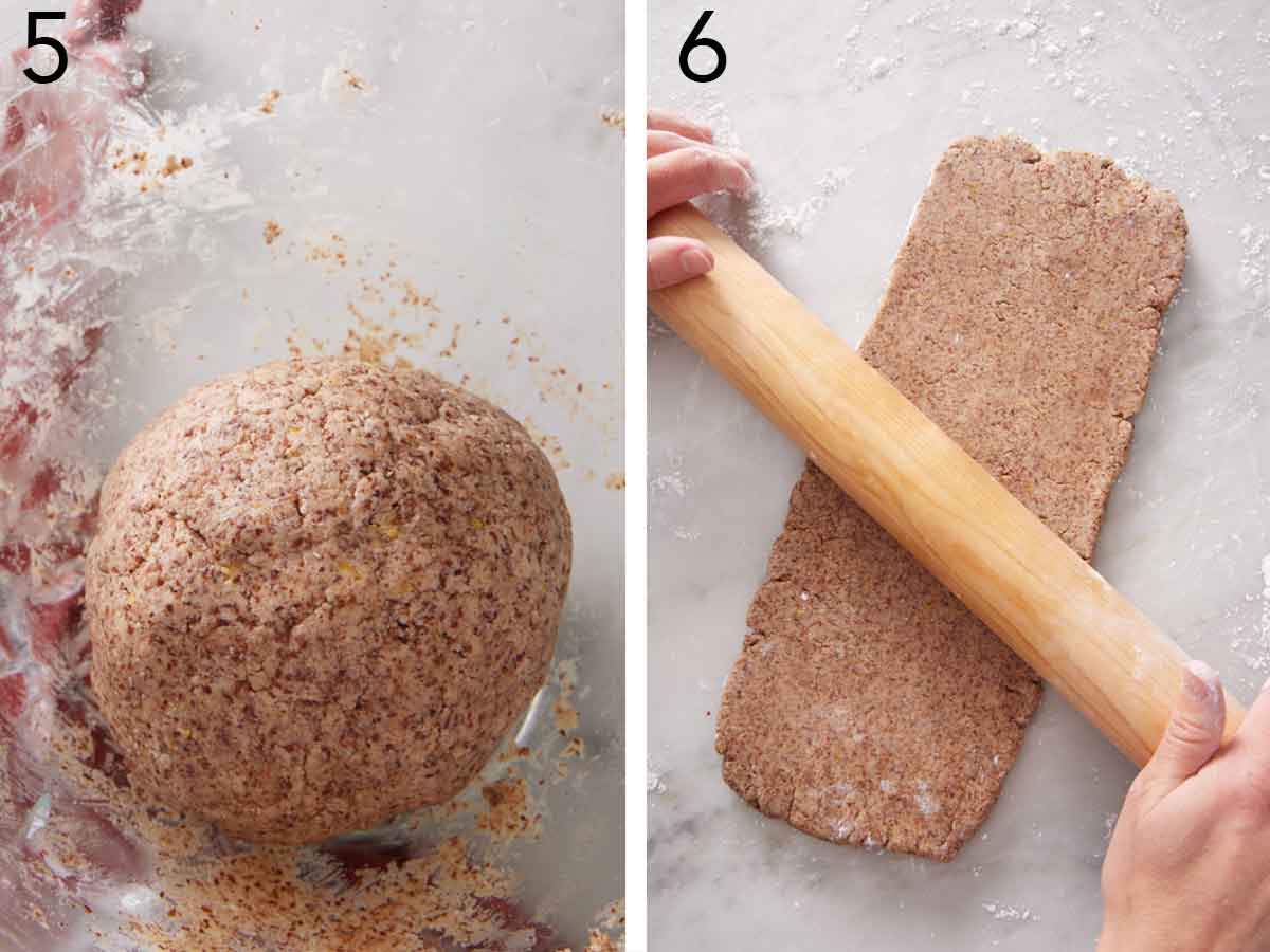 Set of two photos showing dough rolled into a ball and then rolled flat with a rolling pin.