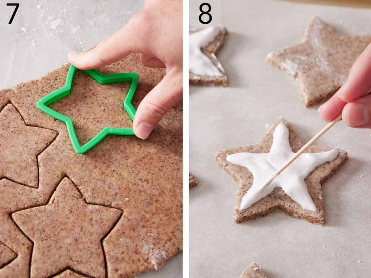 Set of two photos showing a star shaped cookie cutter pressed into the dough and icing spread onto the cookie.