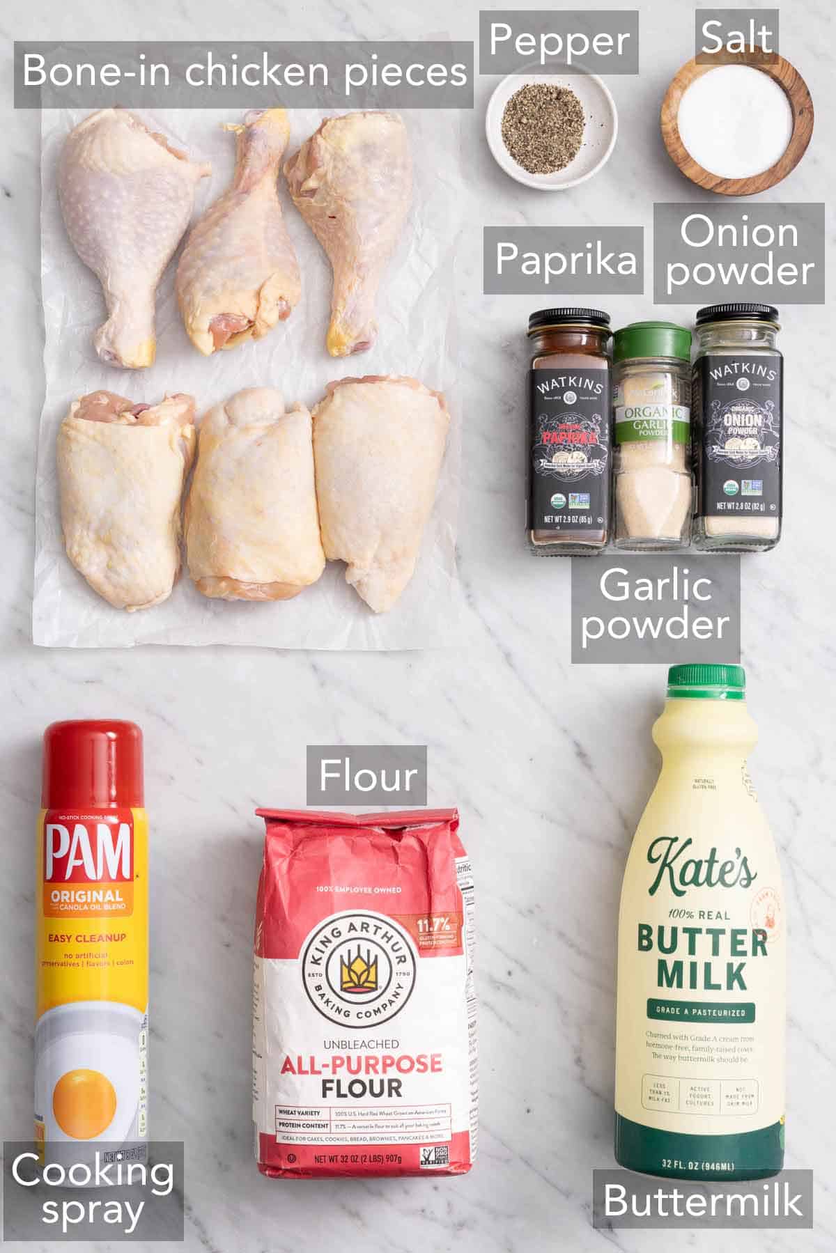 Ingredients needed to make air fryer fried chicken.