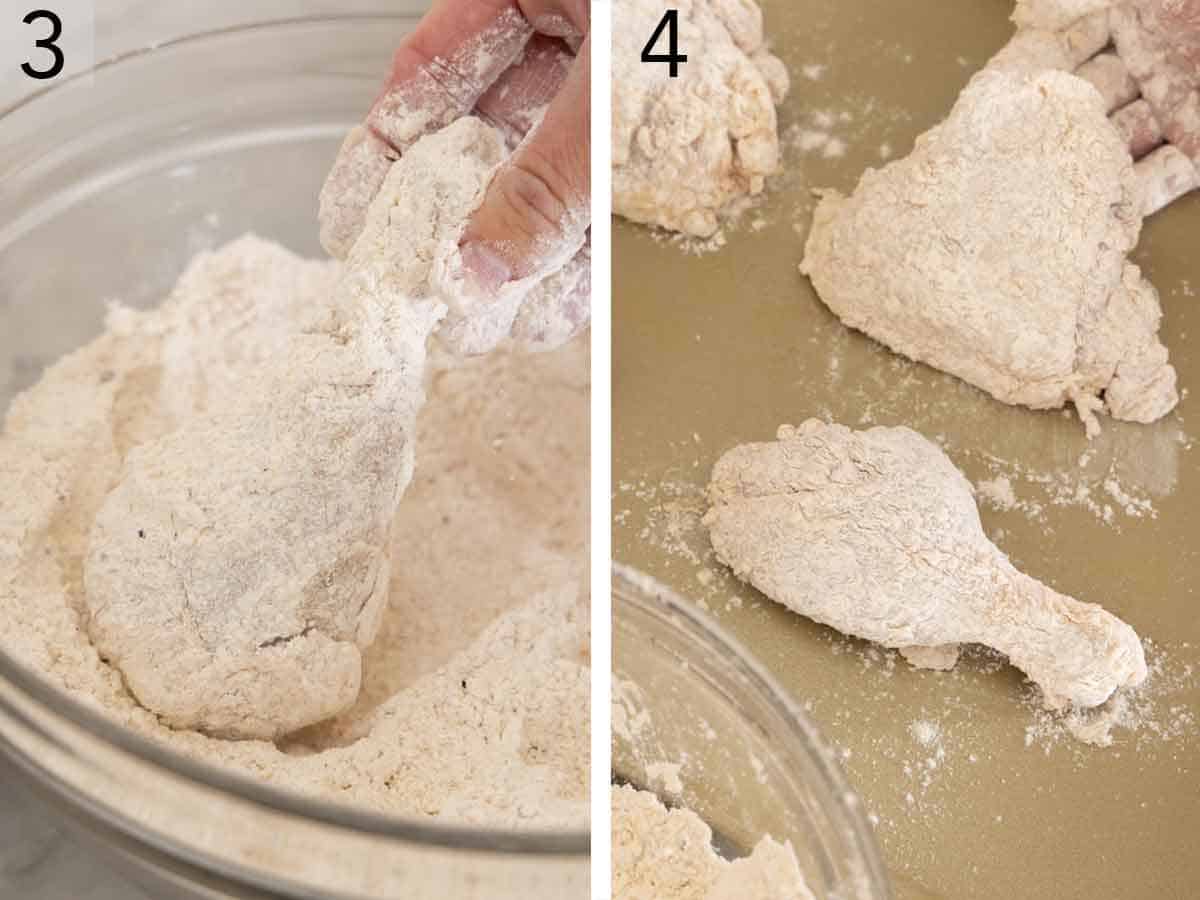 Set of two photos showing the meat coated in seasoned flour and set aside.