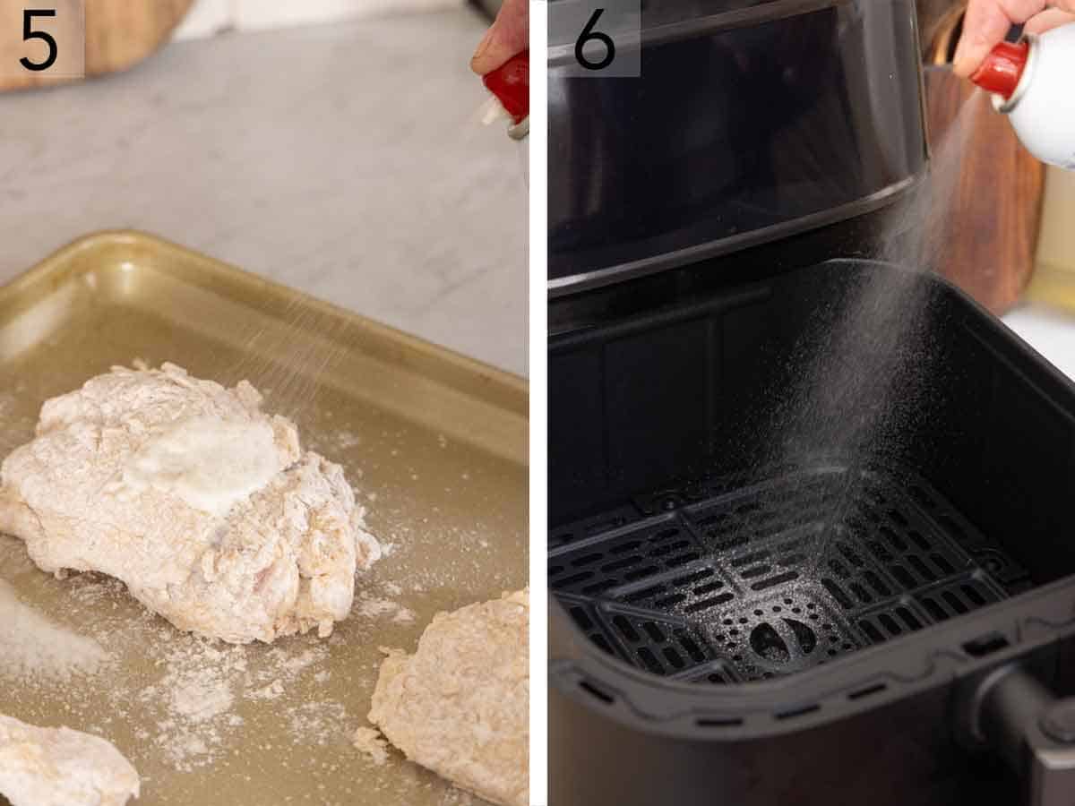 Set of two photos showing coated chicken sprayed with oil and air fryer basket sprayed with oil.