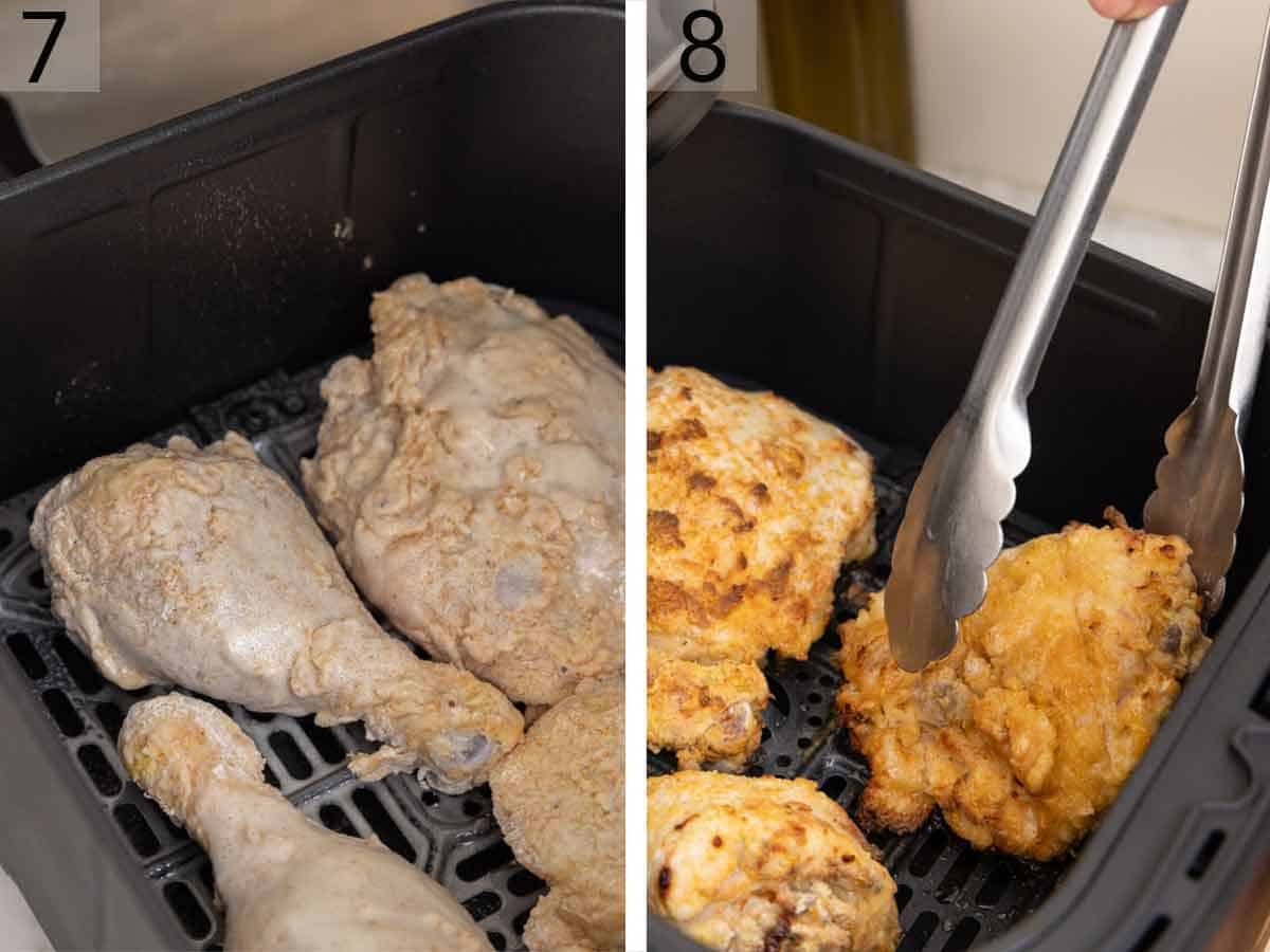 Set of two photos showing chicken added to the air fryer then air fried and flipped.