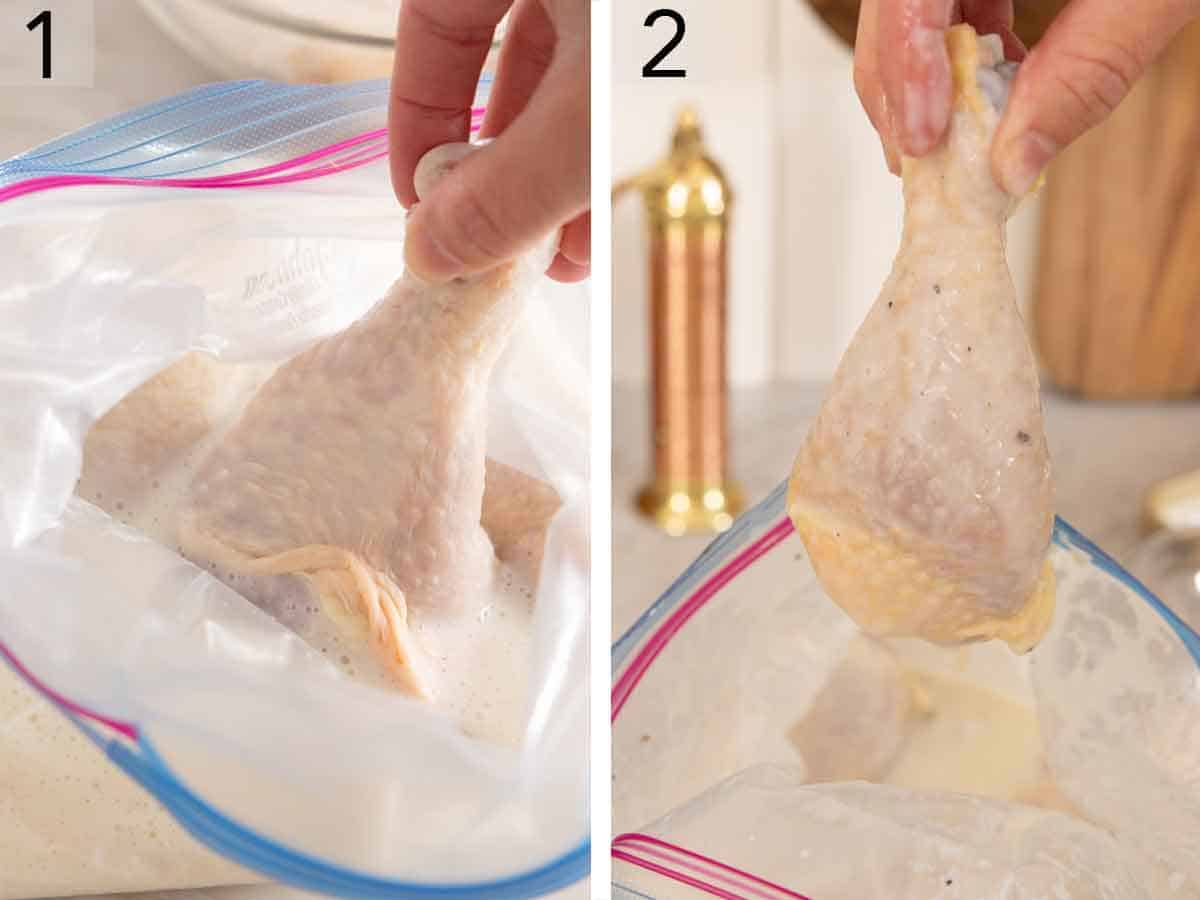 Set of two photos showing chicken placed in a buttermilk mixture to marinate.