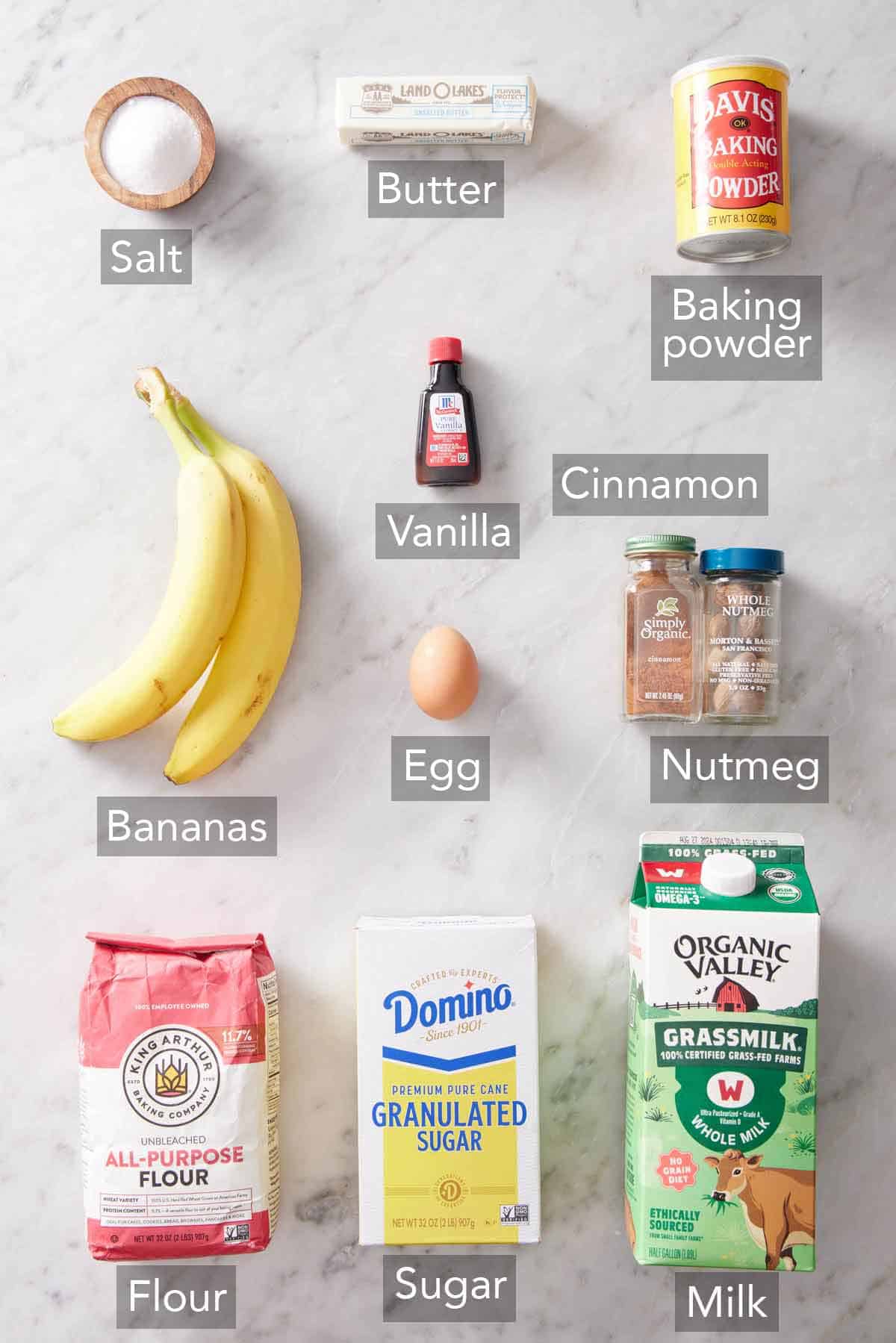 Ingredients needed to make banana waffles.