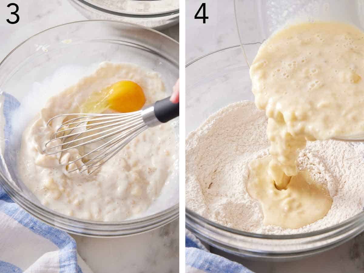 Set of two photos showing egg whisked into the wet ingredients then poured into the flour mixture.