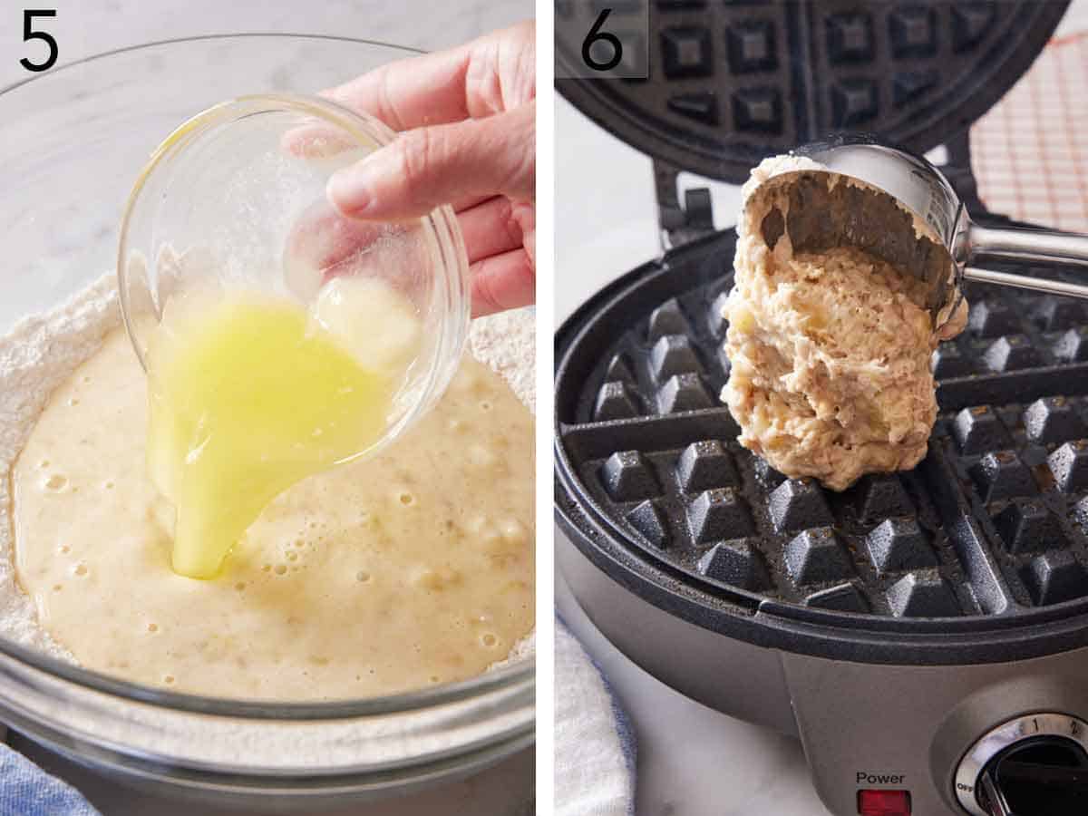 Set of two photos showing melted butter added to the batter and scooped into a waffle maker.