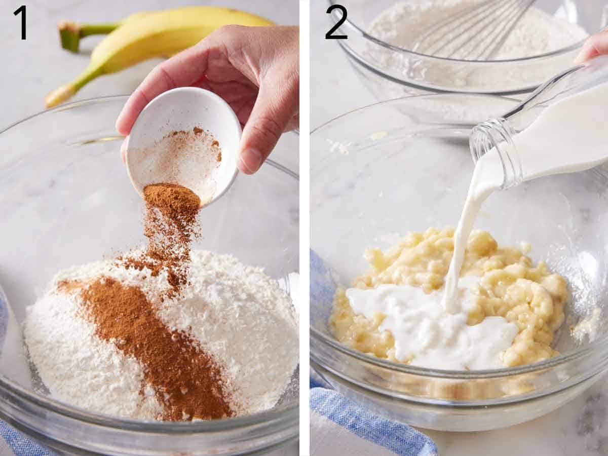 Set of two photos showing cinnamon added to a bowl of flour and milk added to mashed bananas.