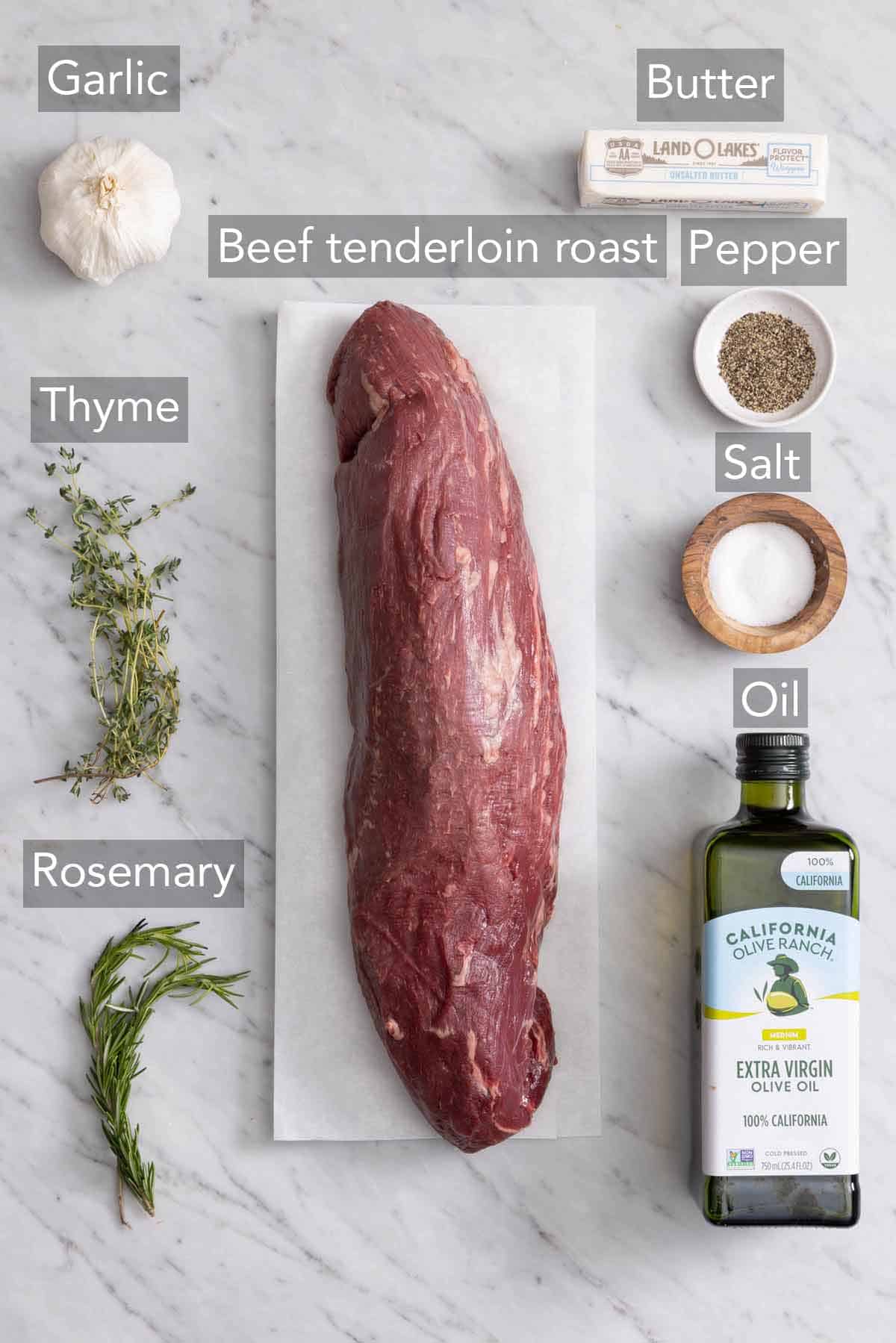 Ingredients needed to make beef tenderloin.