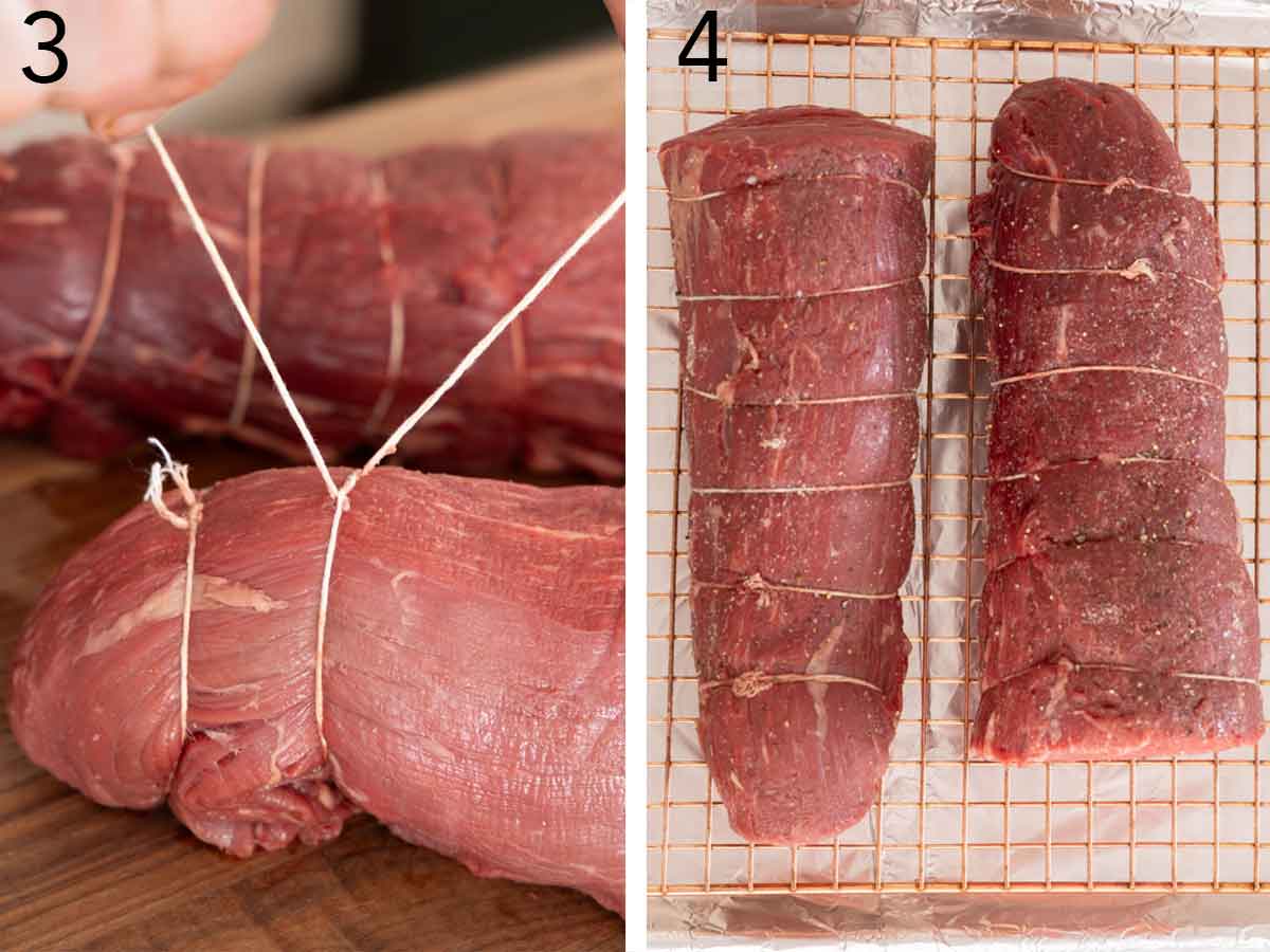 Set of two photos showing tenderloin tied with string and placed on a wire rack and seasoned.