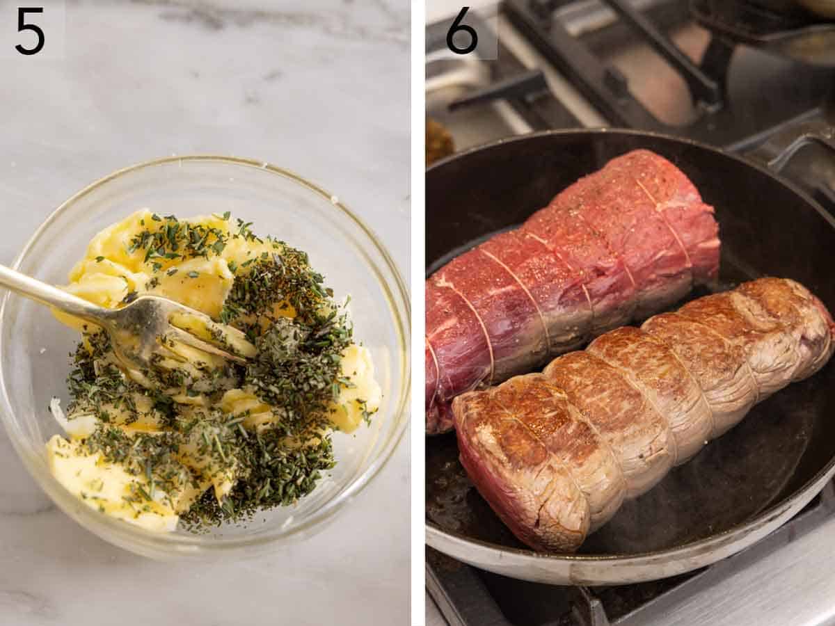 Set of two photos showing butter mixture mixed in a bowl and beef seared in a skillet.