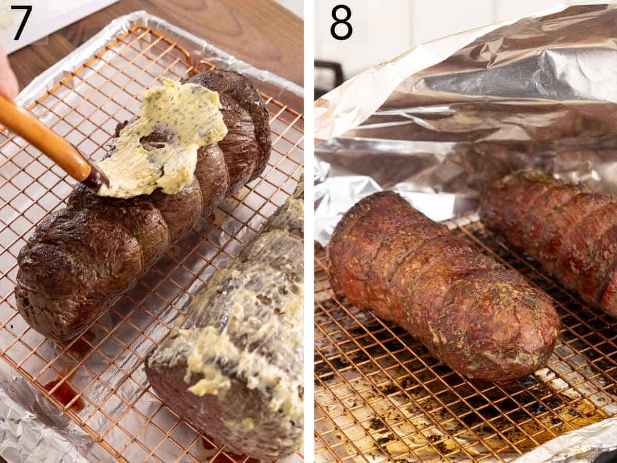 Set of two photos showing butter mixture brushed onto the beef then covered with foil.