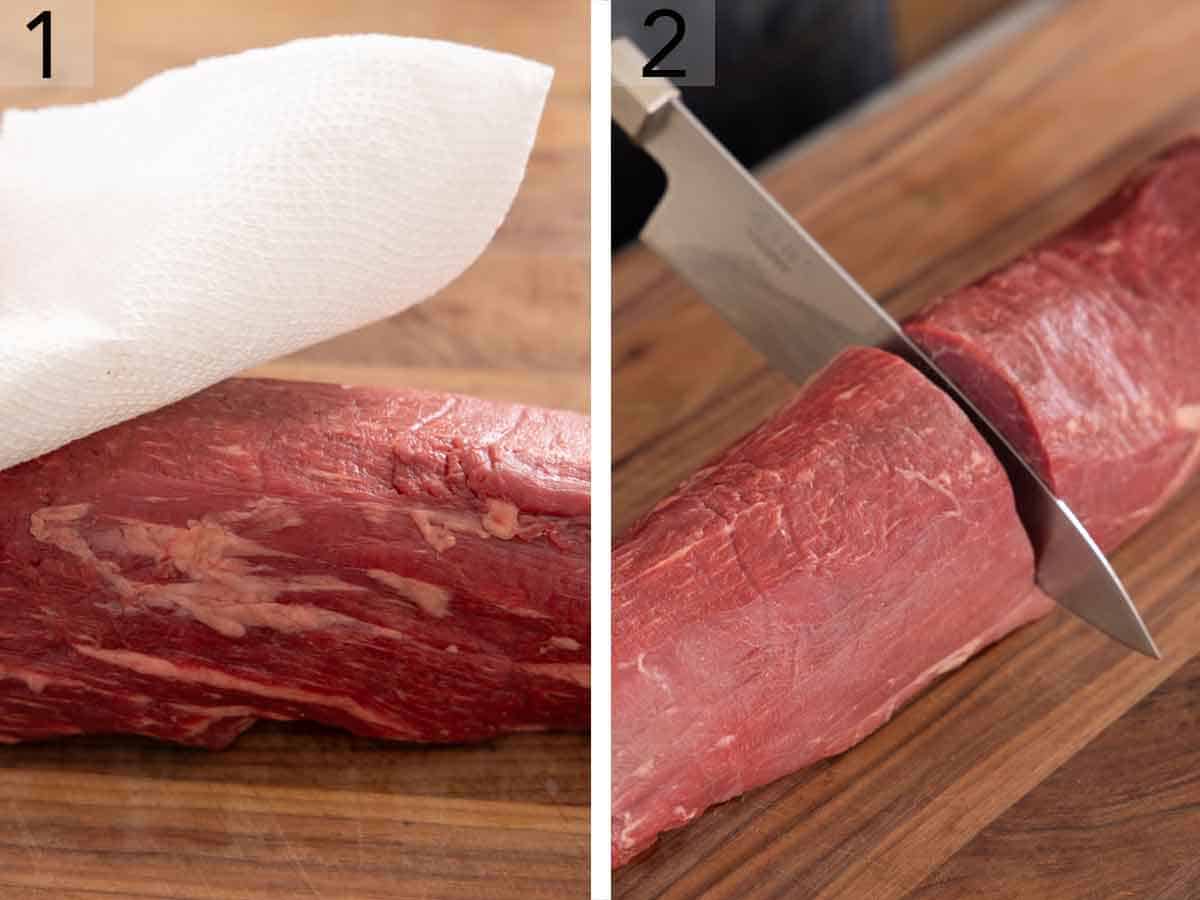 Set of two photos showing a beef tenderloin roast being pat dry with a paper towel then cut in half.