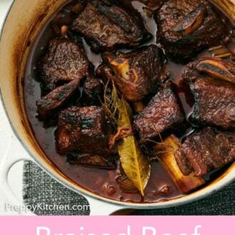 Pinterest graphic of a white dutch oven with braised beef short ribs.