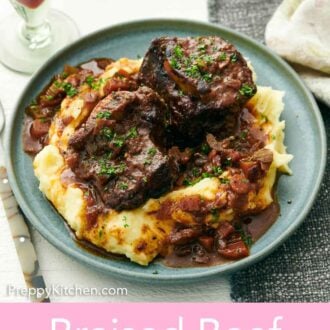 Pinterest graphic of a plate of braised beef short ribs over mashed potatoes.