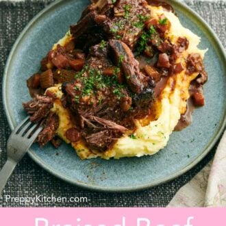 Pinterest graphic of a plate of braised beef short ribs over mashed potatoes with a fork.