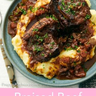 Pinterest graphic of a plate of braised beef short ribs over mashed potatoes.