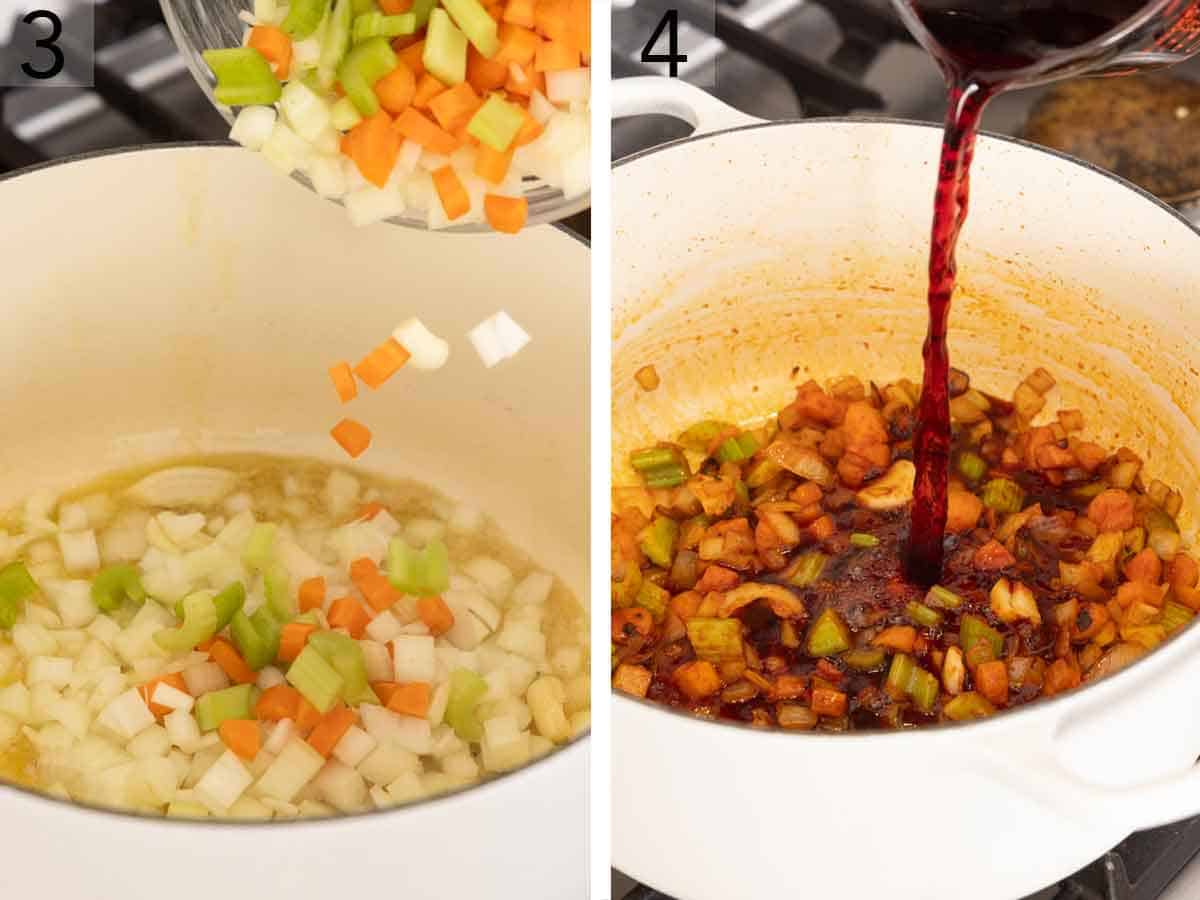 Set of two photos showing onion, carrots, celery, and garlic added to a dutch oven then red wine added.