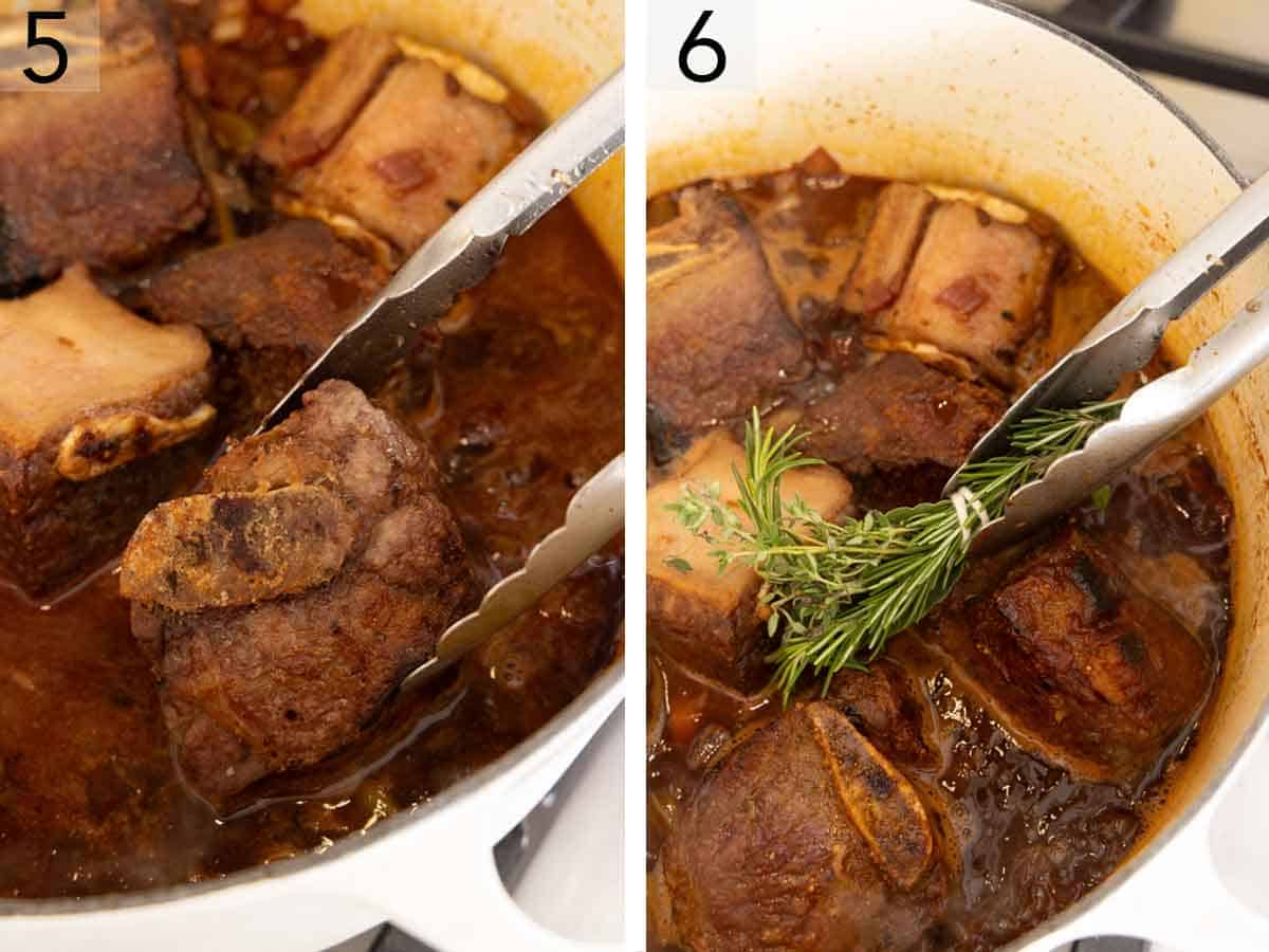 Set of two photos showing the seared ribs added back to the pot and fresh herbs added.