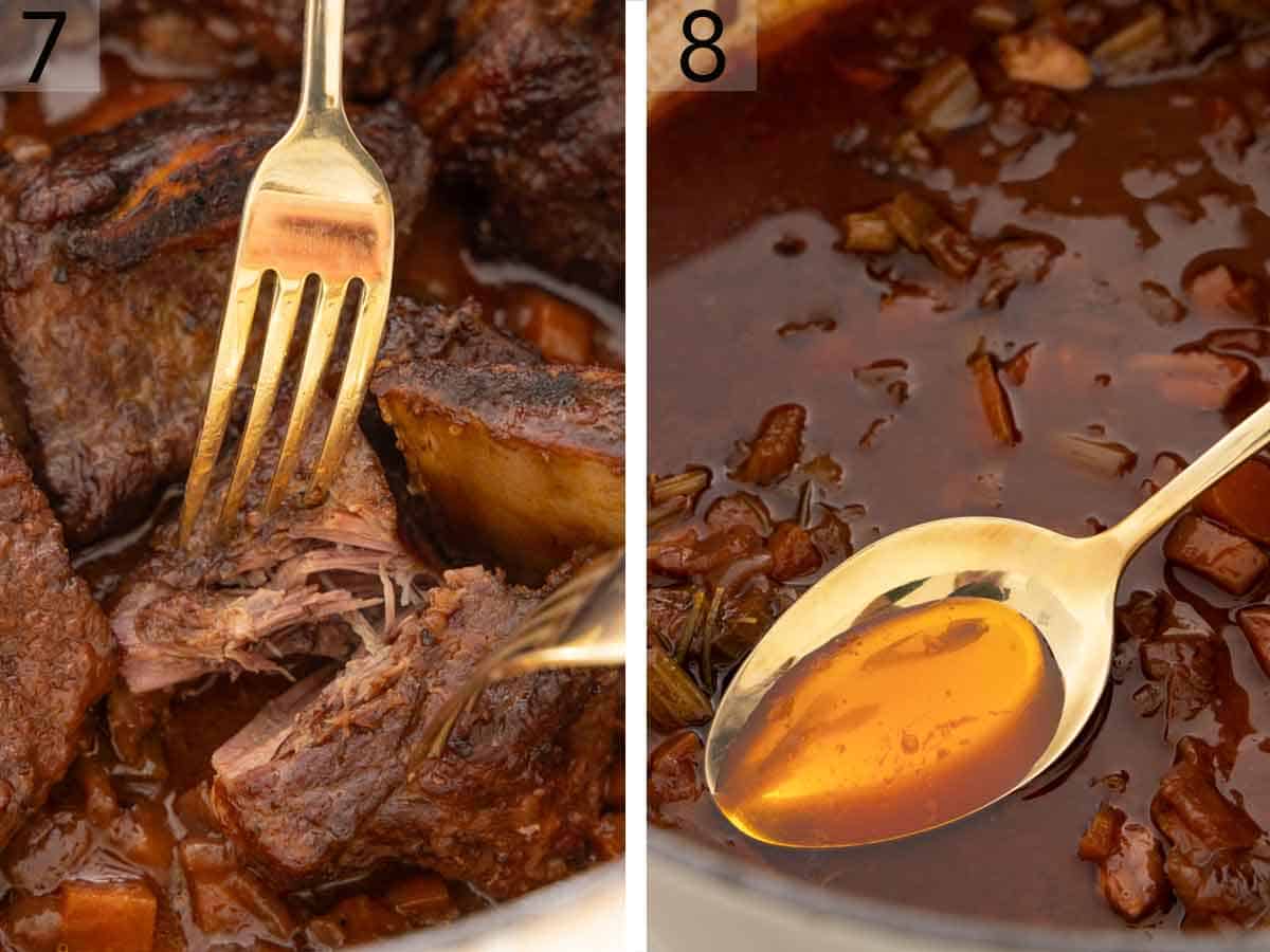 Set of two photos showing the meat being fork tender and fat spooned off the top of the liquid.