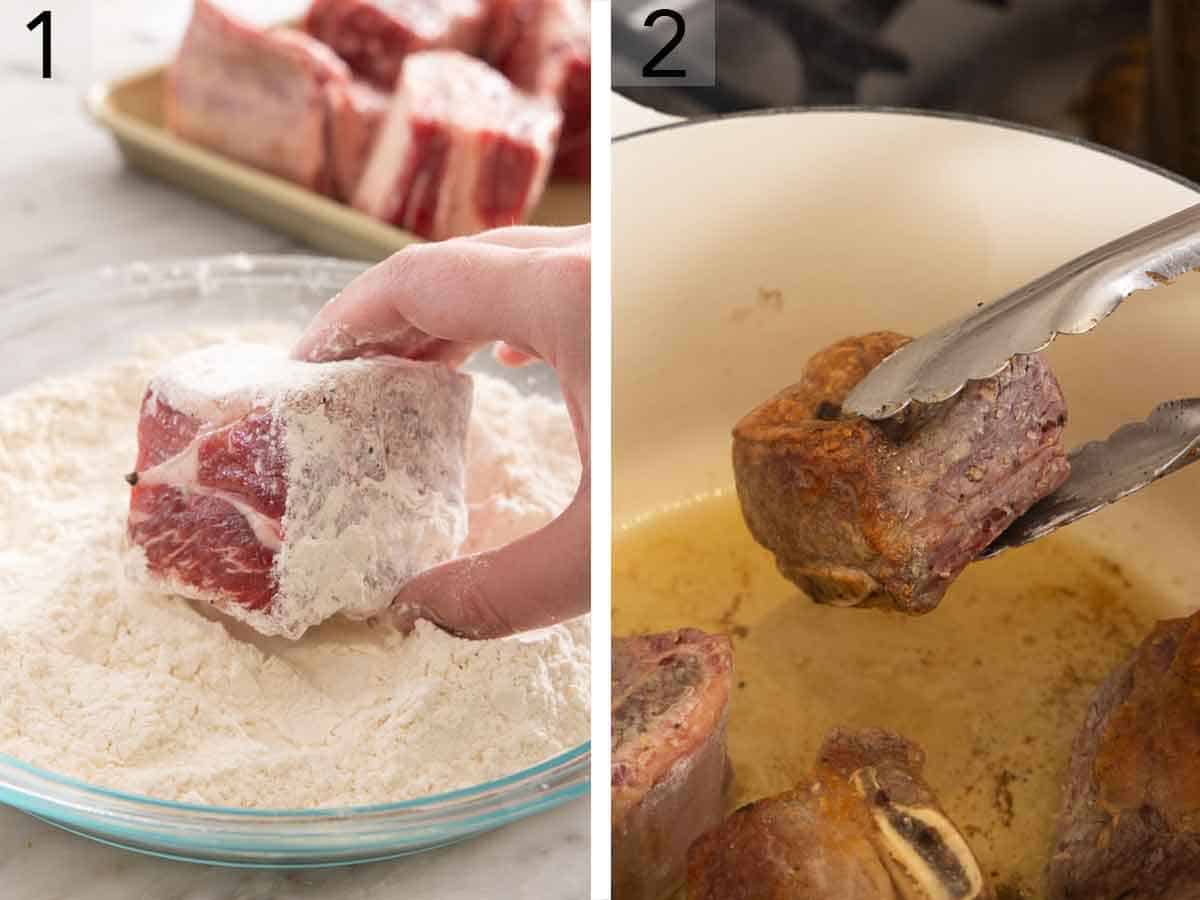 Set of two photos showing beef coated in flour and then seared in a dutch oven.