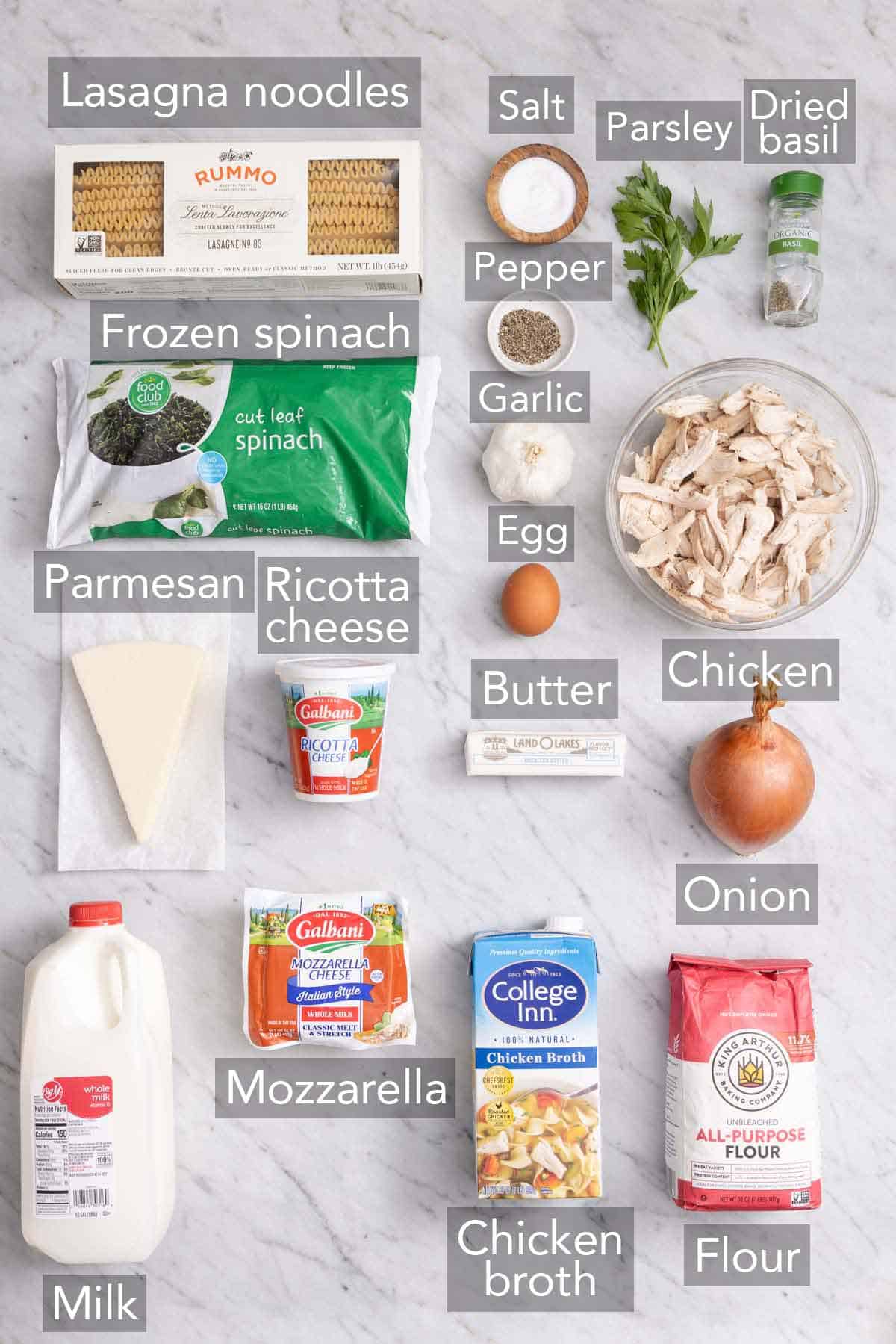 Ingredients needed to make a chicken lasagna.