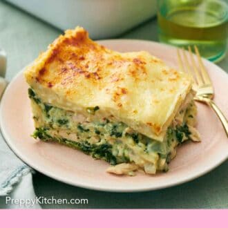 Pinterest graphic of a slice of chicken lasagna on a pink plate with a fork.