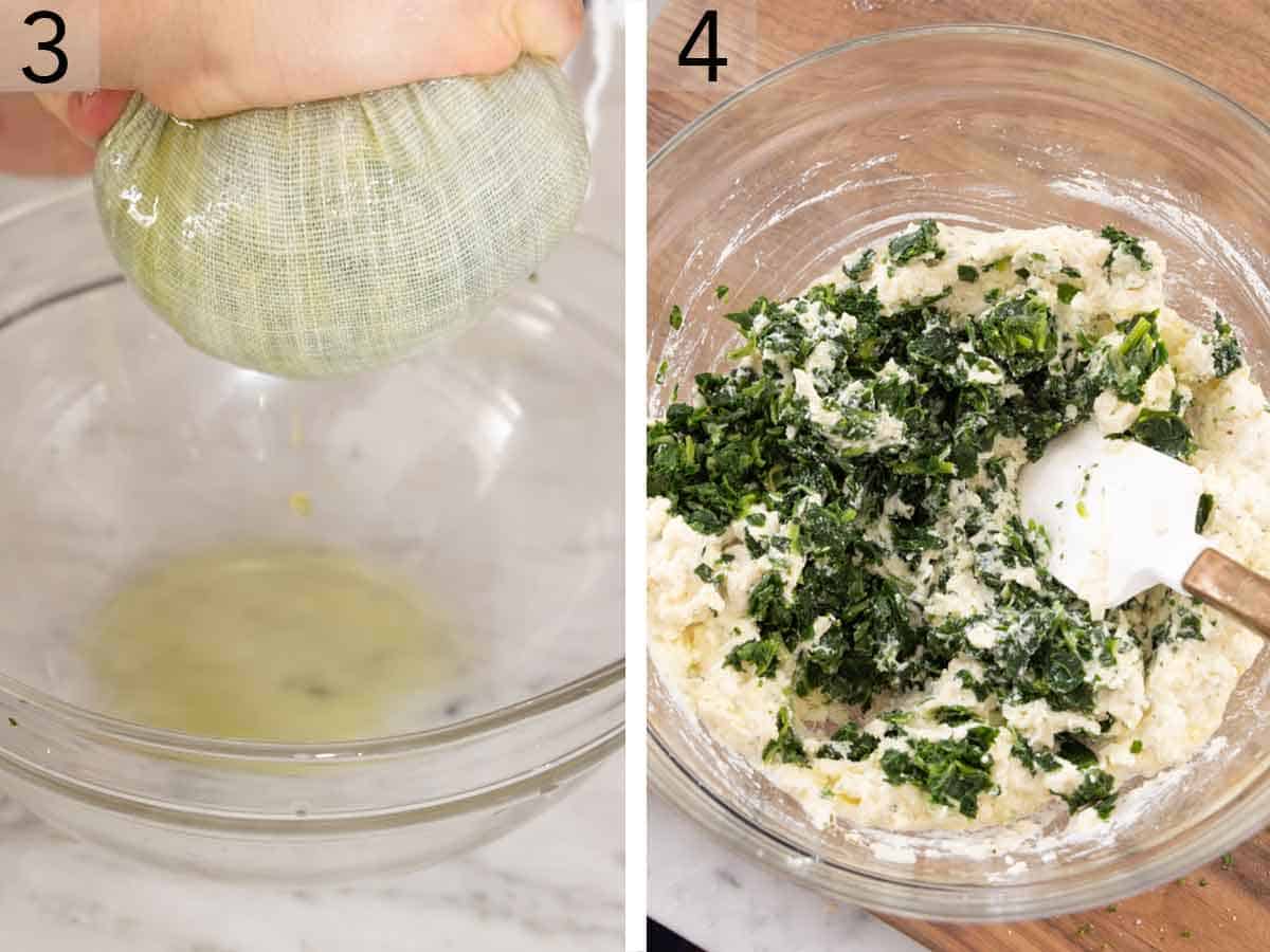 Set of two photos showing water squeezed out of spinach in a cheesecloth and added to a bowl of cheeses.