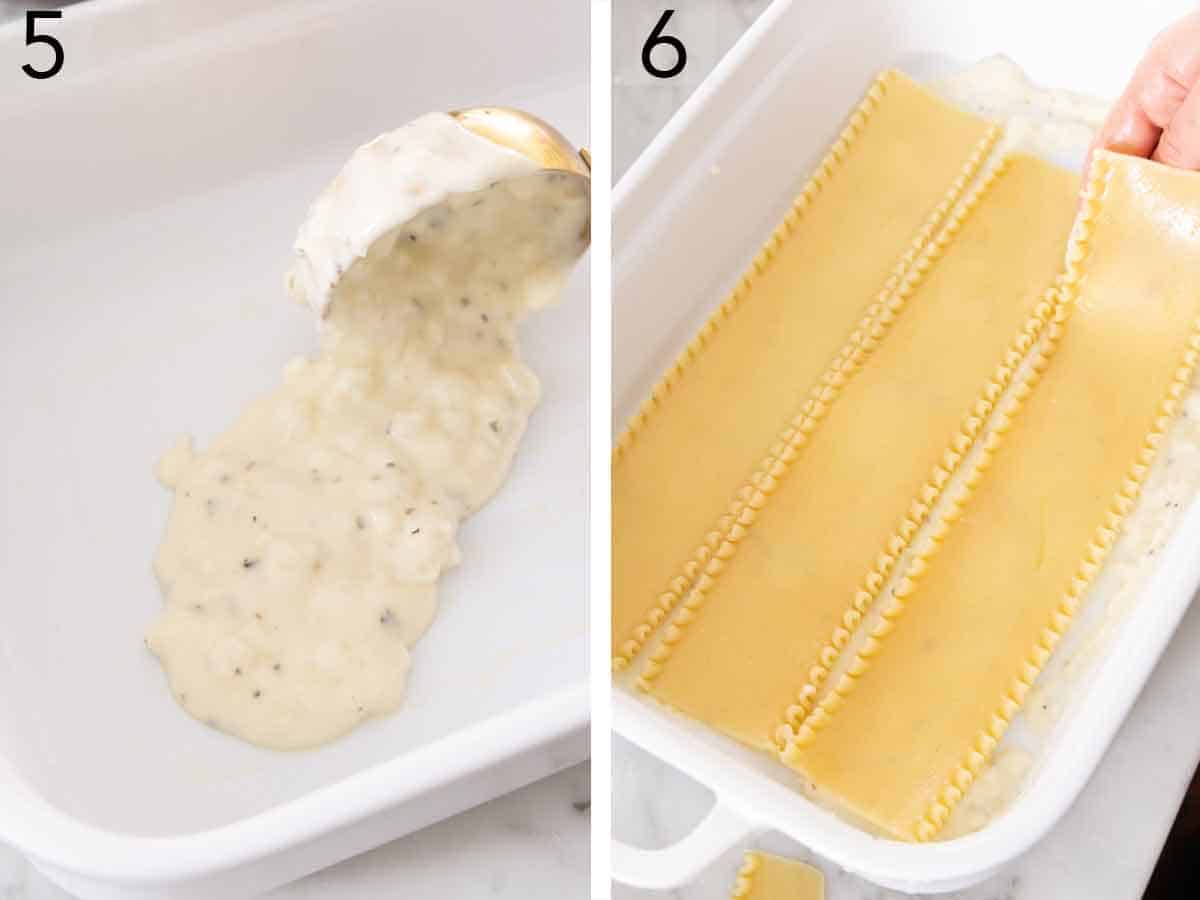 Set of two photos showing cream sauce added to the bottom of a baking dish and lasagna noodles placed on top.