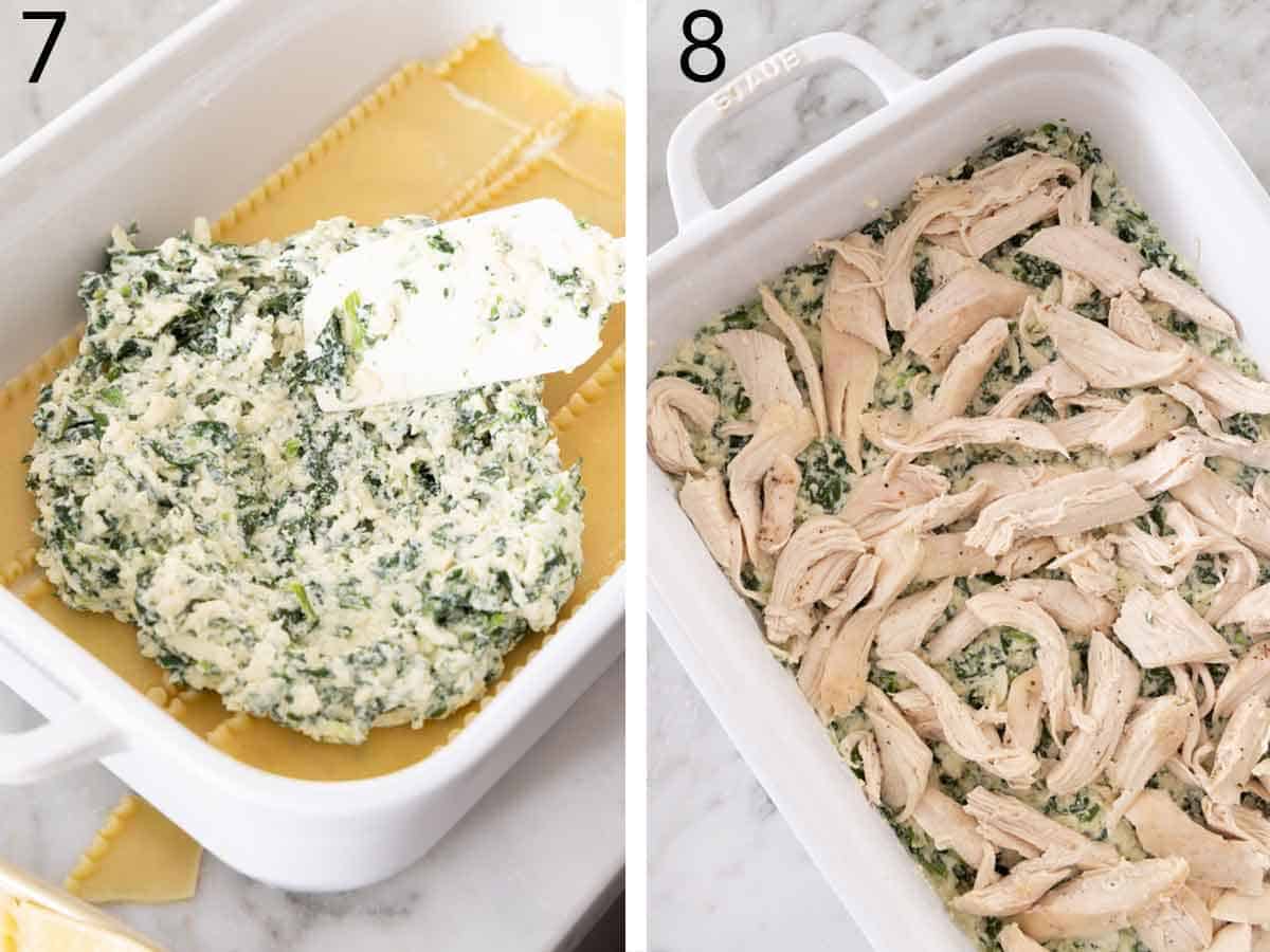 Set of two photos showing cheese and spinach mixture added over the noodles and then shredded cooked chicken added on top.