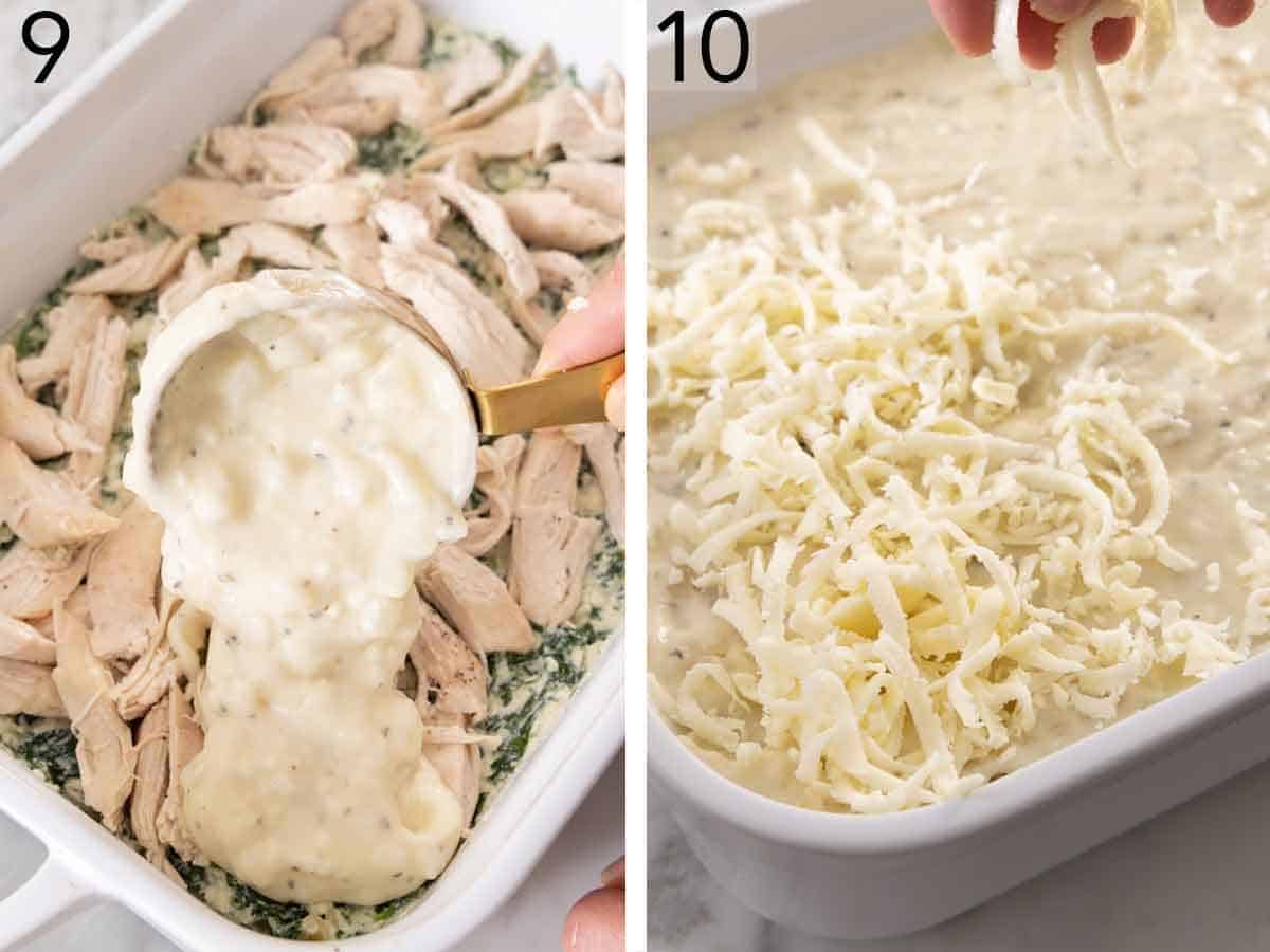 Set of two photos showing cream sauce and cheese added over the chicken layer.